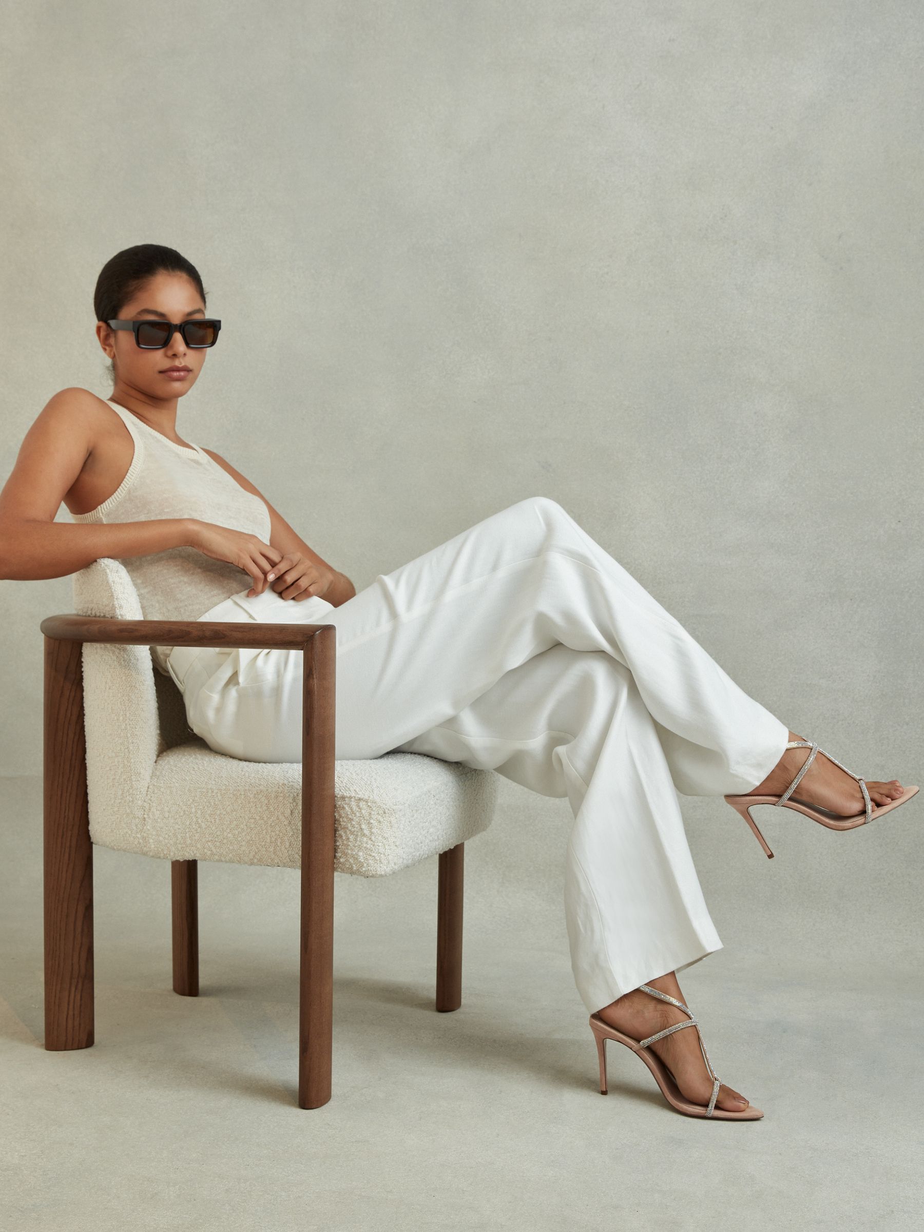 Embellished Suede Heeled Sandals in Nude - Image 2 of 5