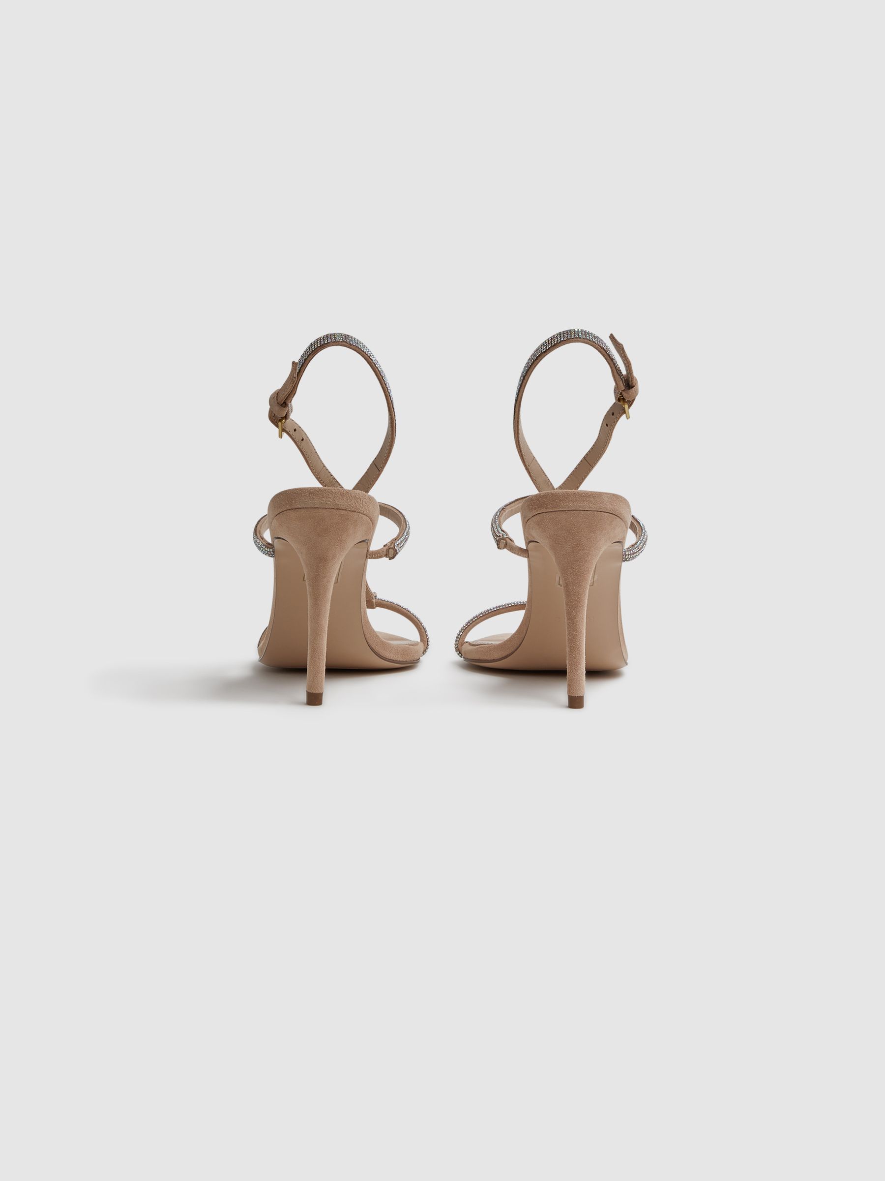 Embellished Suede Heeled Sandals in Nude - Image 4 of 5