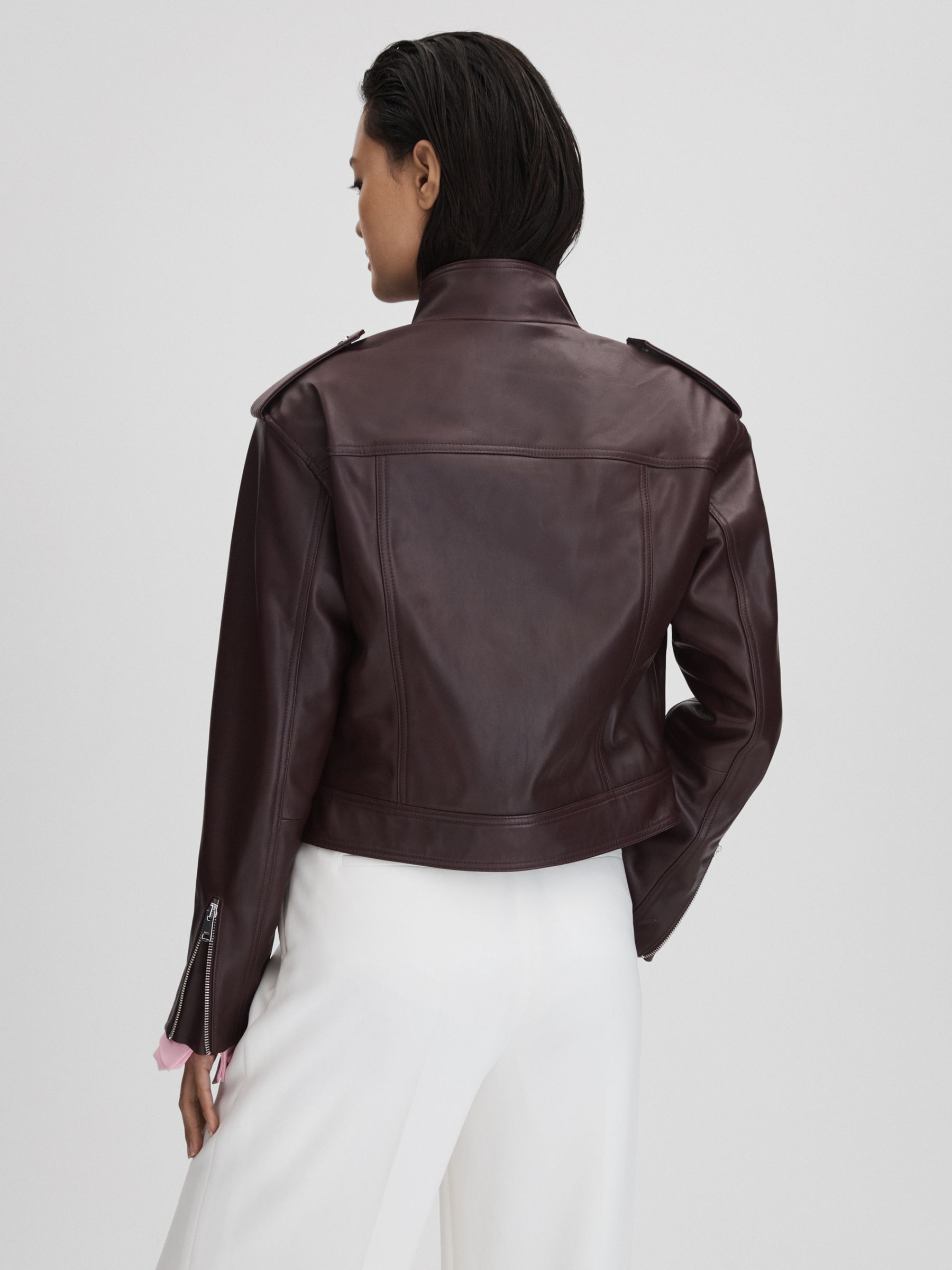 Cropped Leather Biker Jacket in Berry - Image 5 of 7