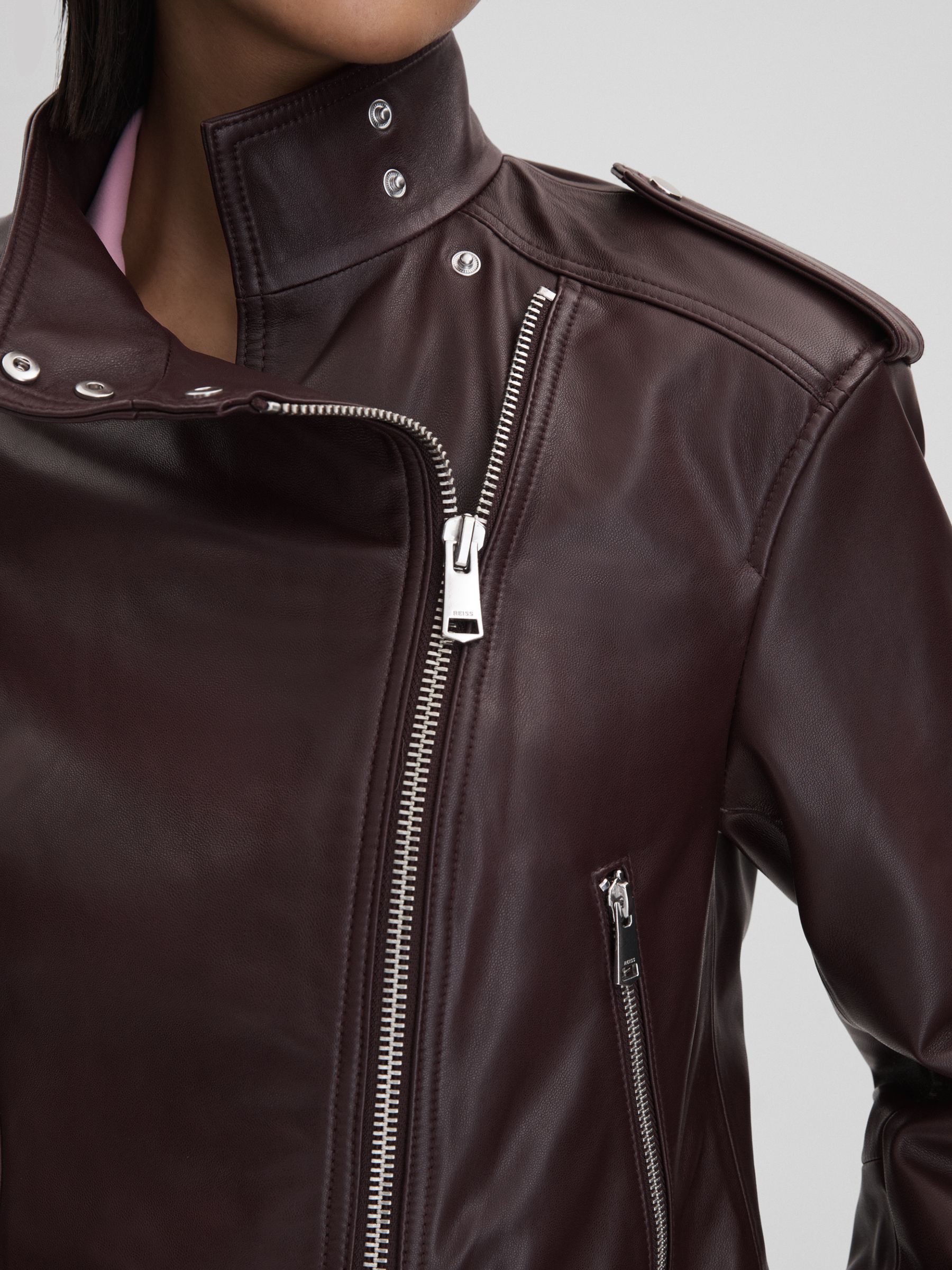 Cropped Leather Biker Jacket in Berry - Image 6 of 7