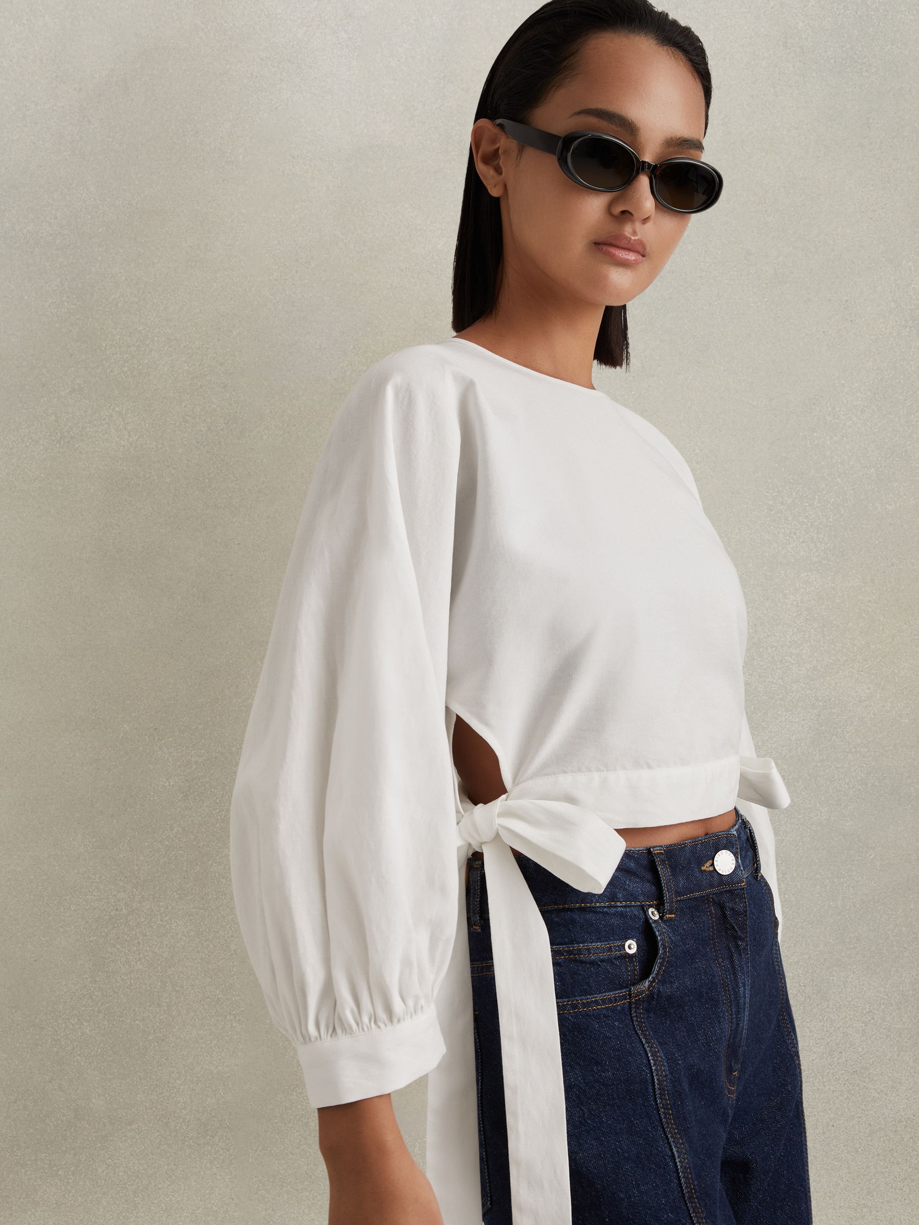Cropped Blouson Sleeve Top With Linen in Ivory - Image 1 of 5