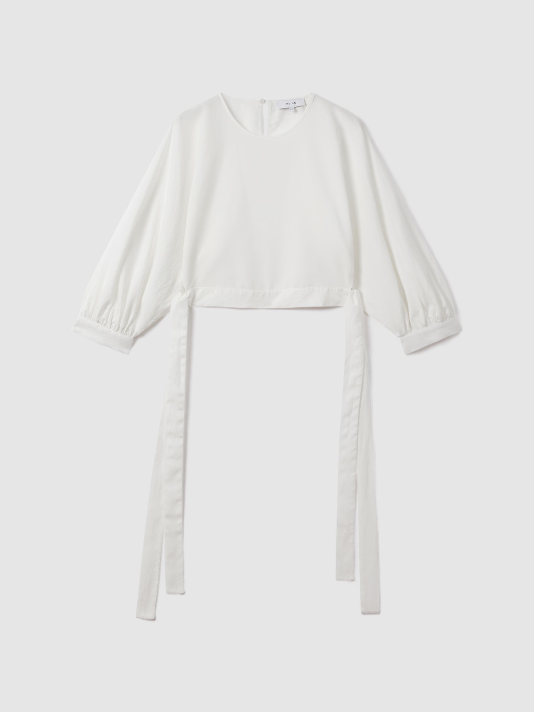 Cropped Blouson Sleeve Top With Linen in Ivory - Image 2 of 5