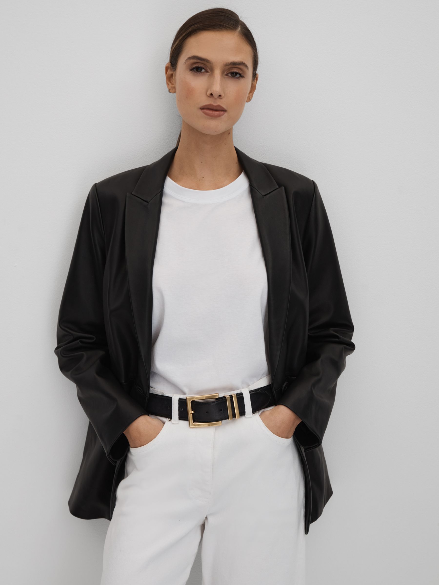 Leather Single Breasted Blazer in Black - Image 1 of 6 Leather Single Breasted Blazer in Black - Image 1 of 6