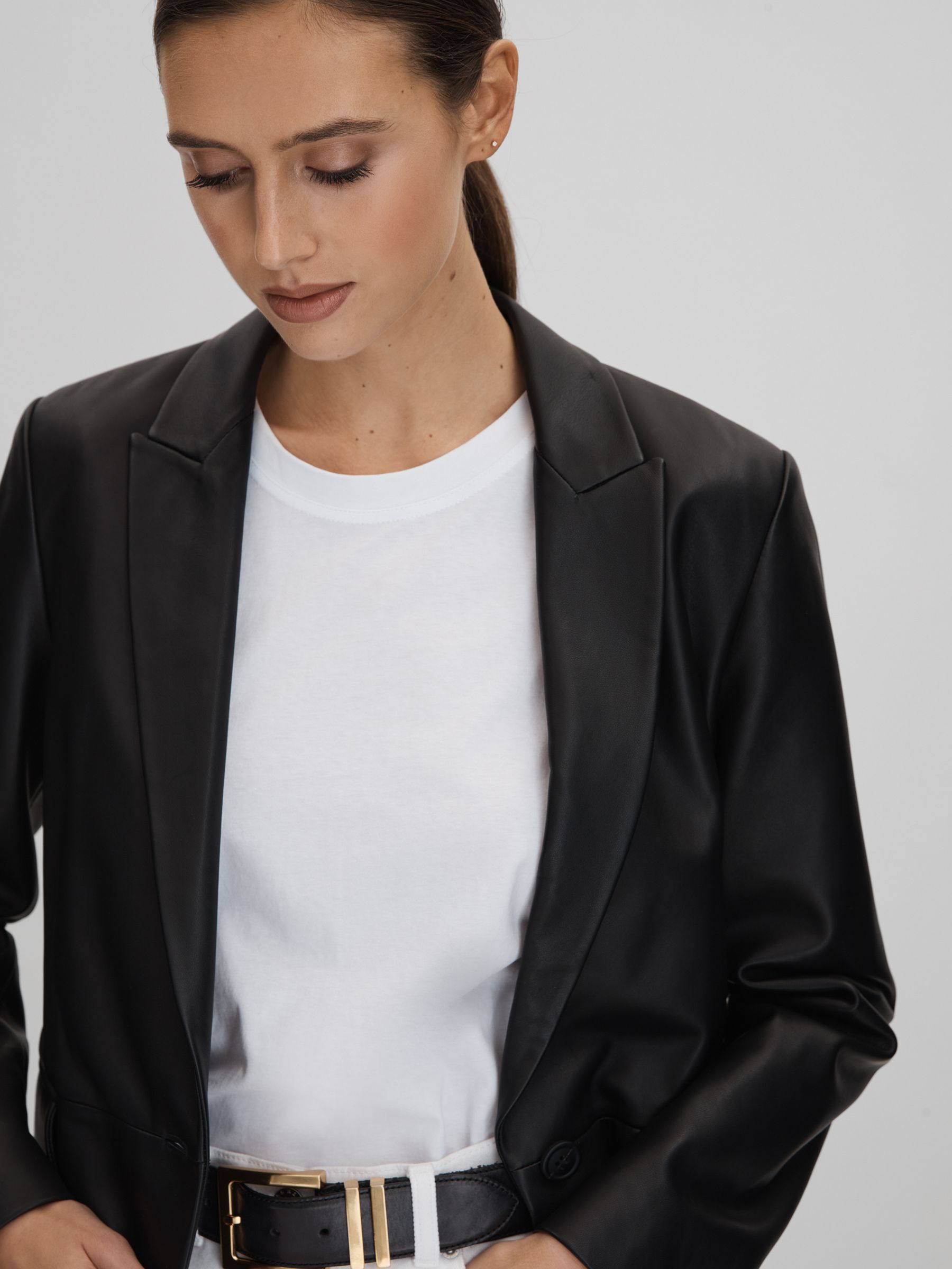 Leather Single Breasted Blazer in Black - Image 4 of 6