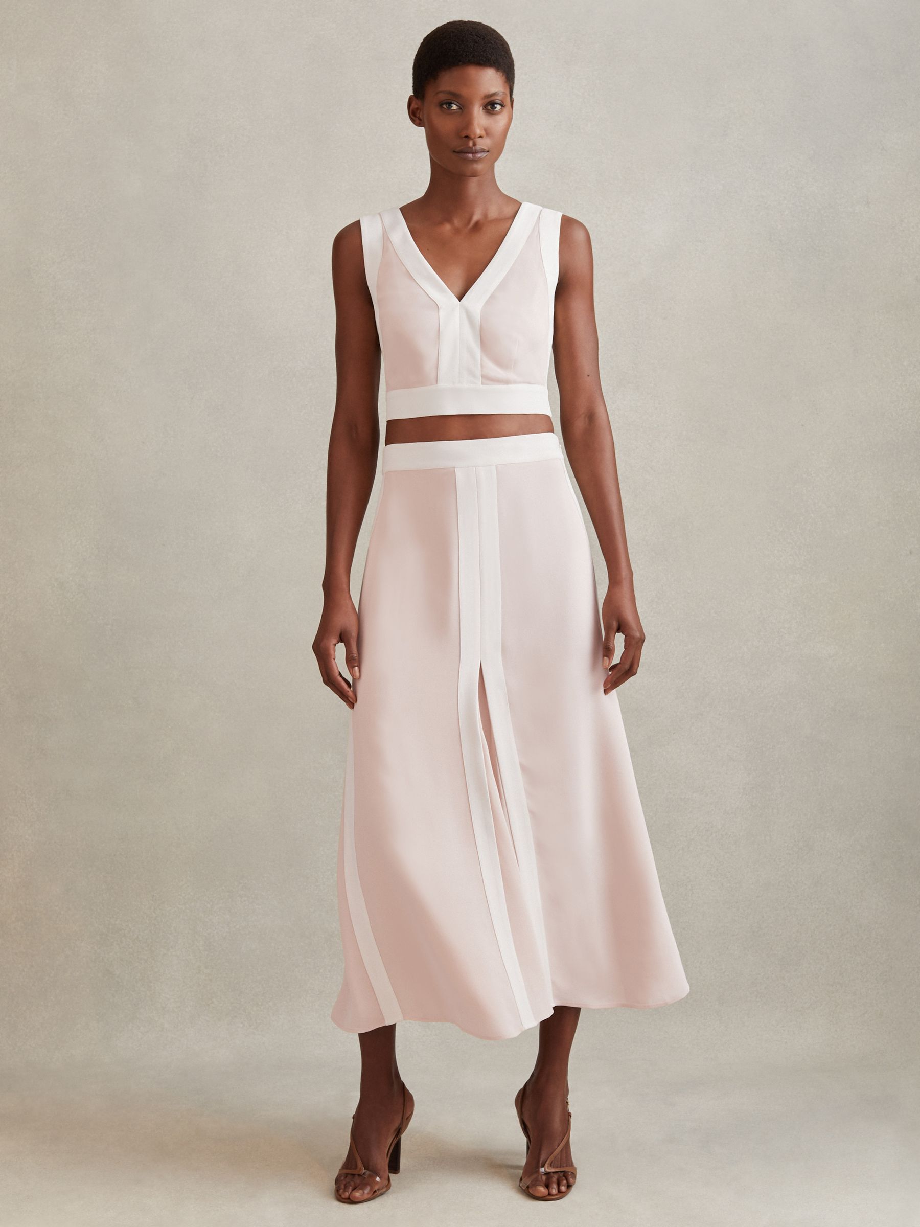 Contrast Trim Co-Ord Midi Skirt in Nude/Ivory - Image 1 of 5