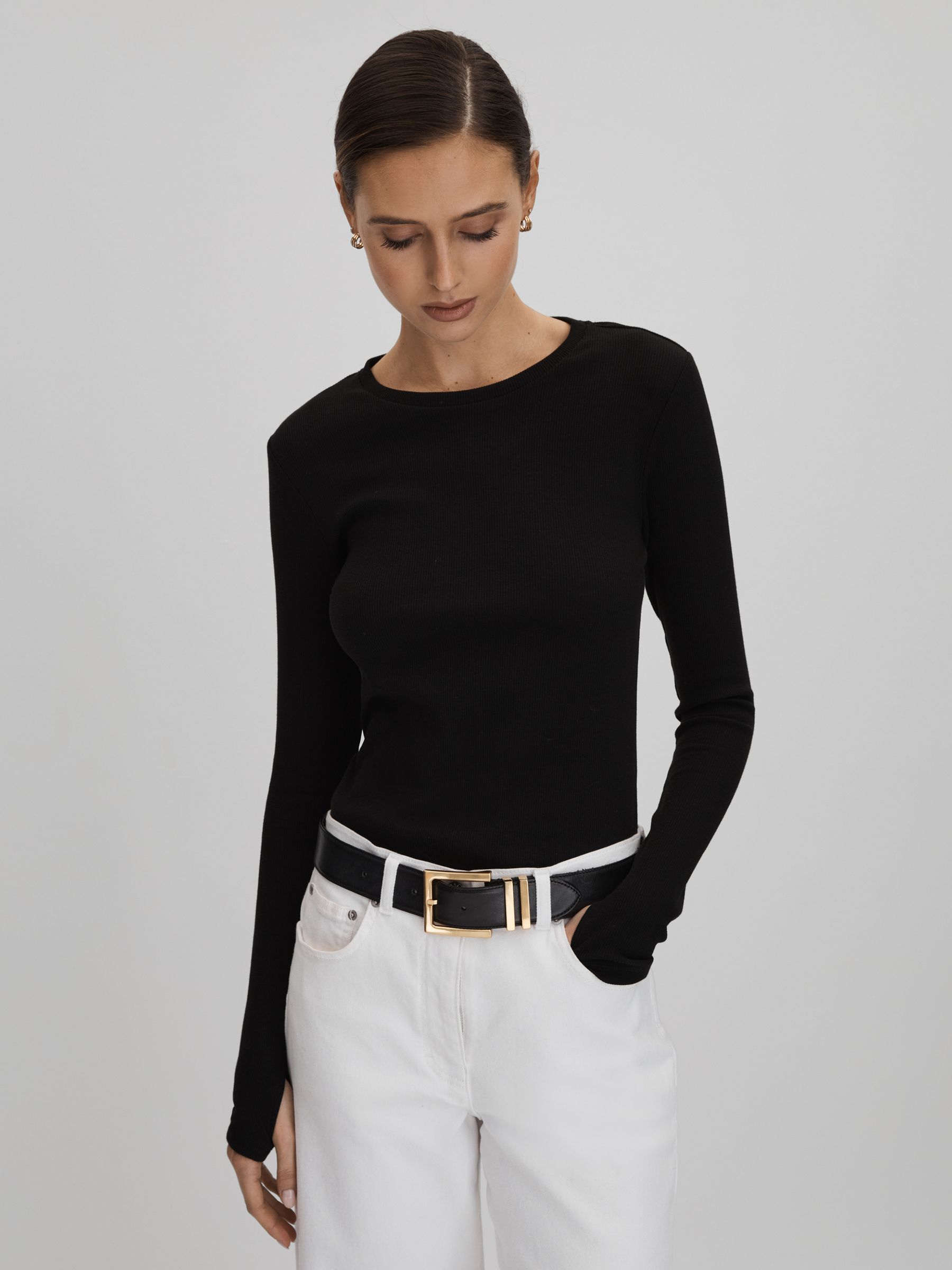 Cotton Blend Crew Neck Top in Black - Image 1 of 6