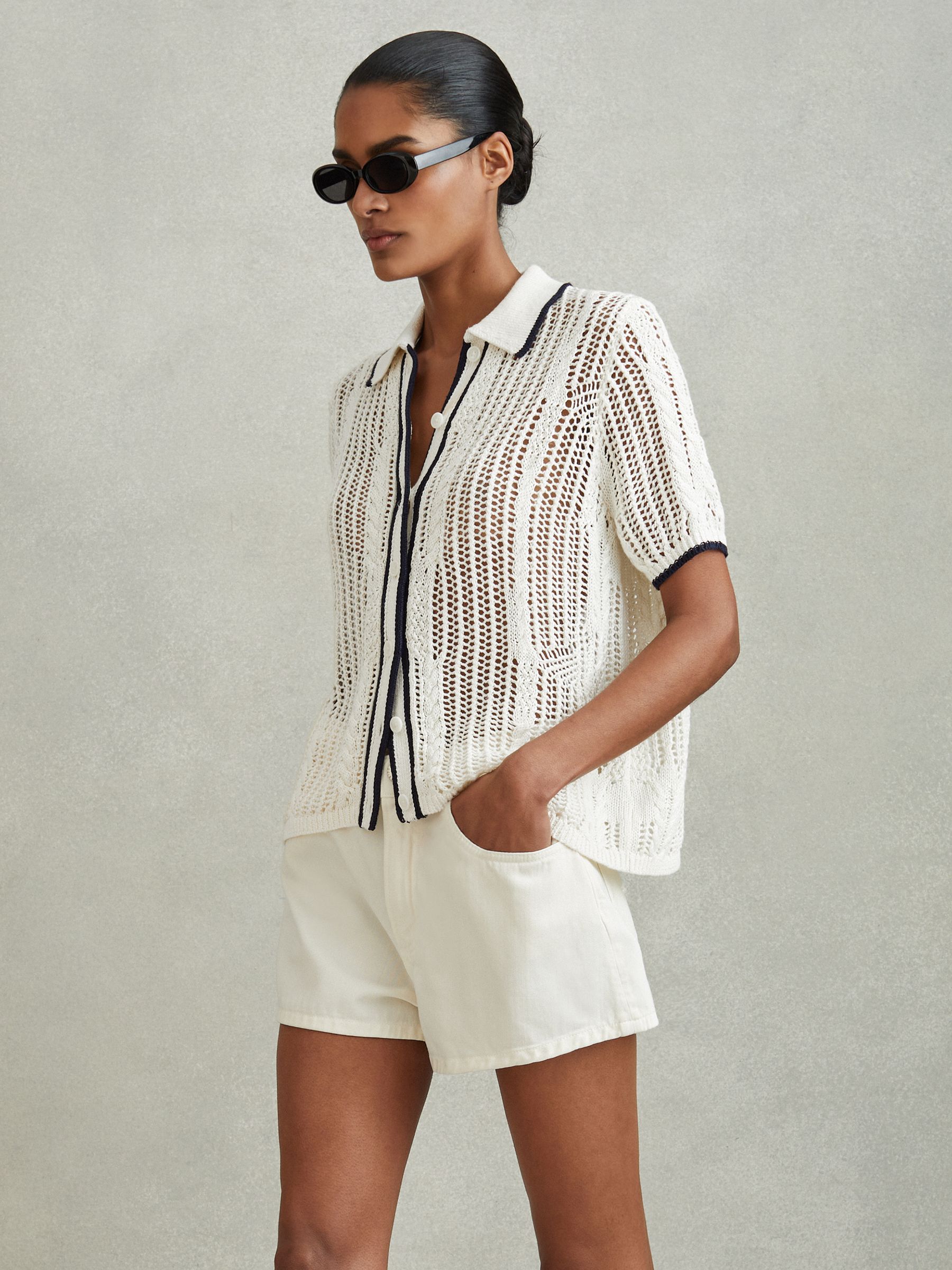 Linen Open Stitch Shirt in Ivory/Navy - Image 1 of 5