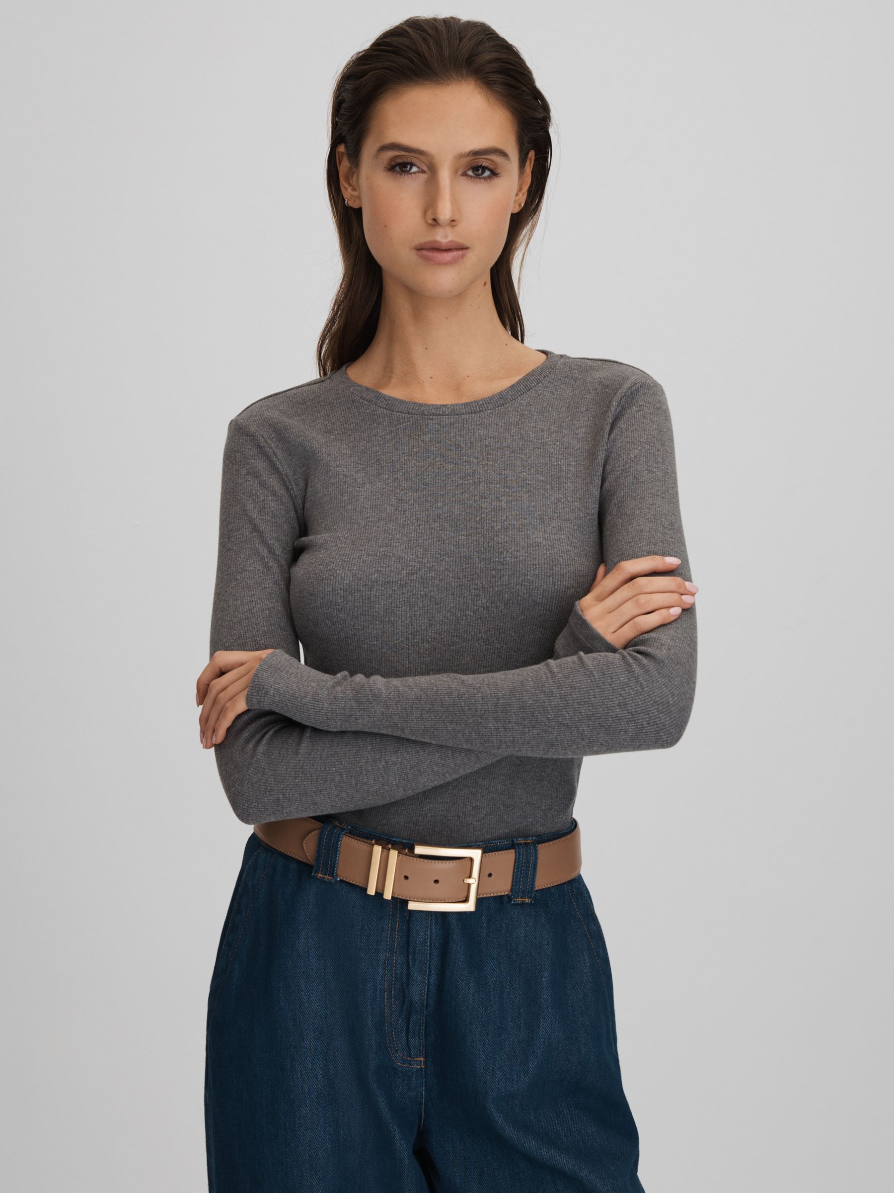 Tora Charcoal Marl Cotton Blend Crew Neck Top - Image 1 of 5