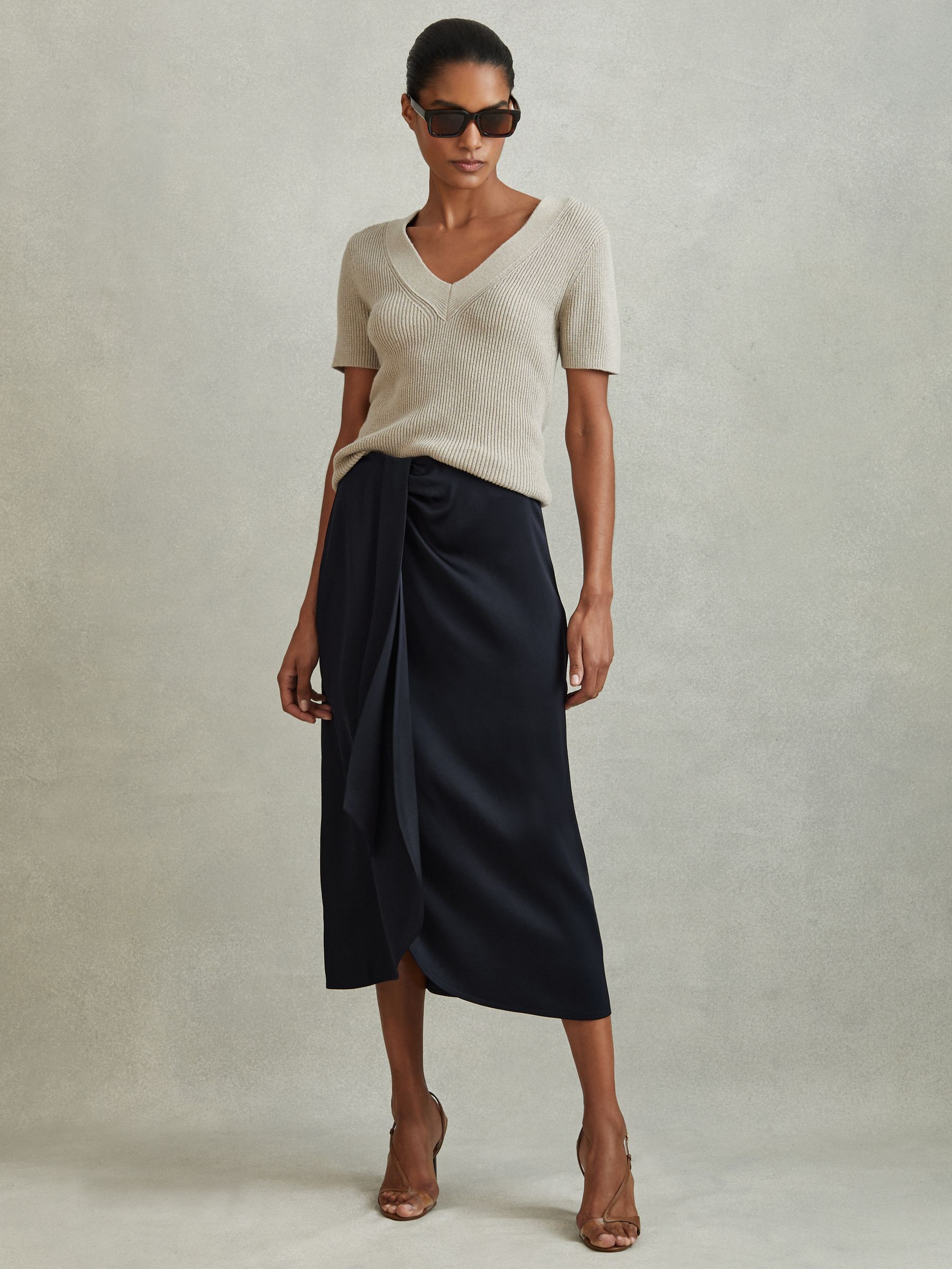 High Rise Wrap Midi Skirt in Navy - Image 1 of 6