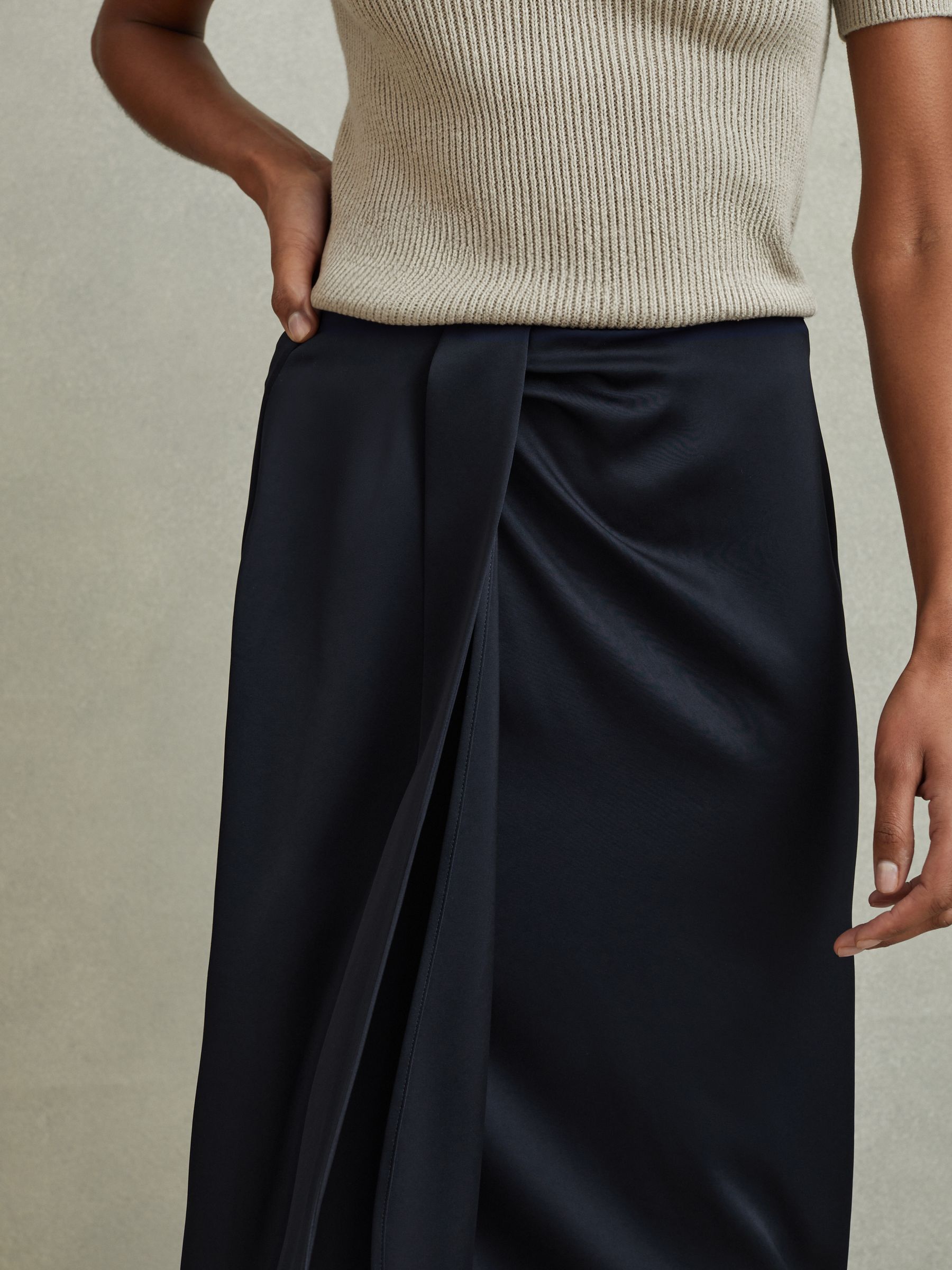 High Rise Wrap Midi Skirt in Navy - Image 3 of 6