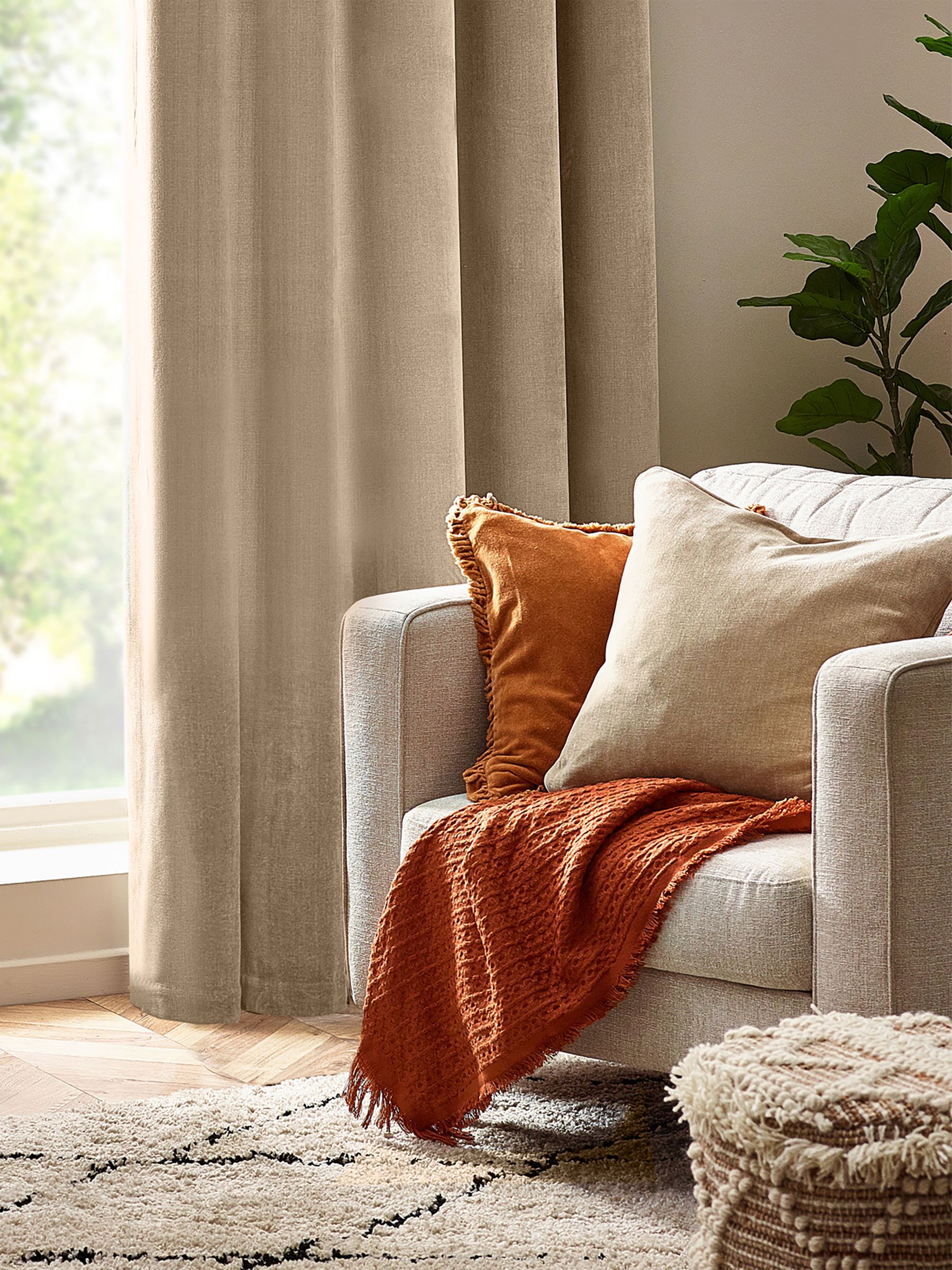 Yard Natural Beige 50 x 50cm Heavy Chenille Velvet Piped Feather Filled Cushion - Image 1 of 4