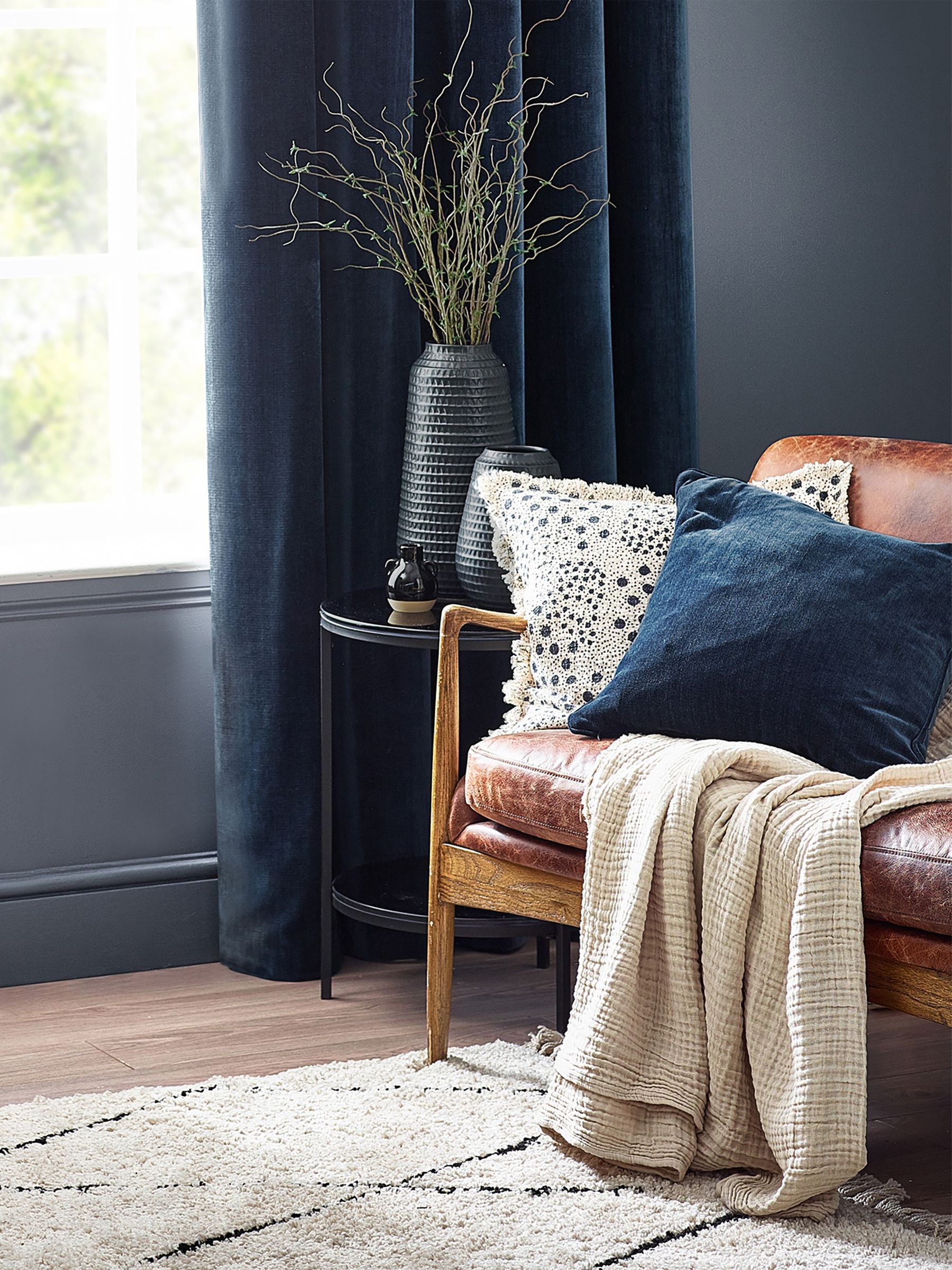 Yard Navy Blue 50 x 50cm Heavy Chenille Velvet Piped Feather Filled Cushion - Image 1 of 4