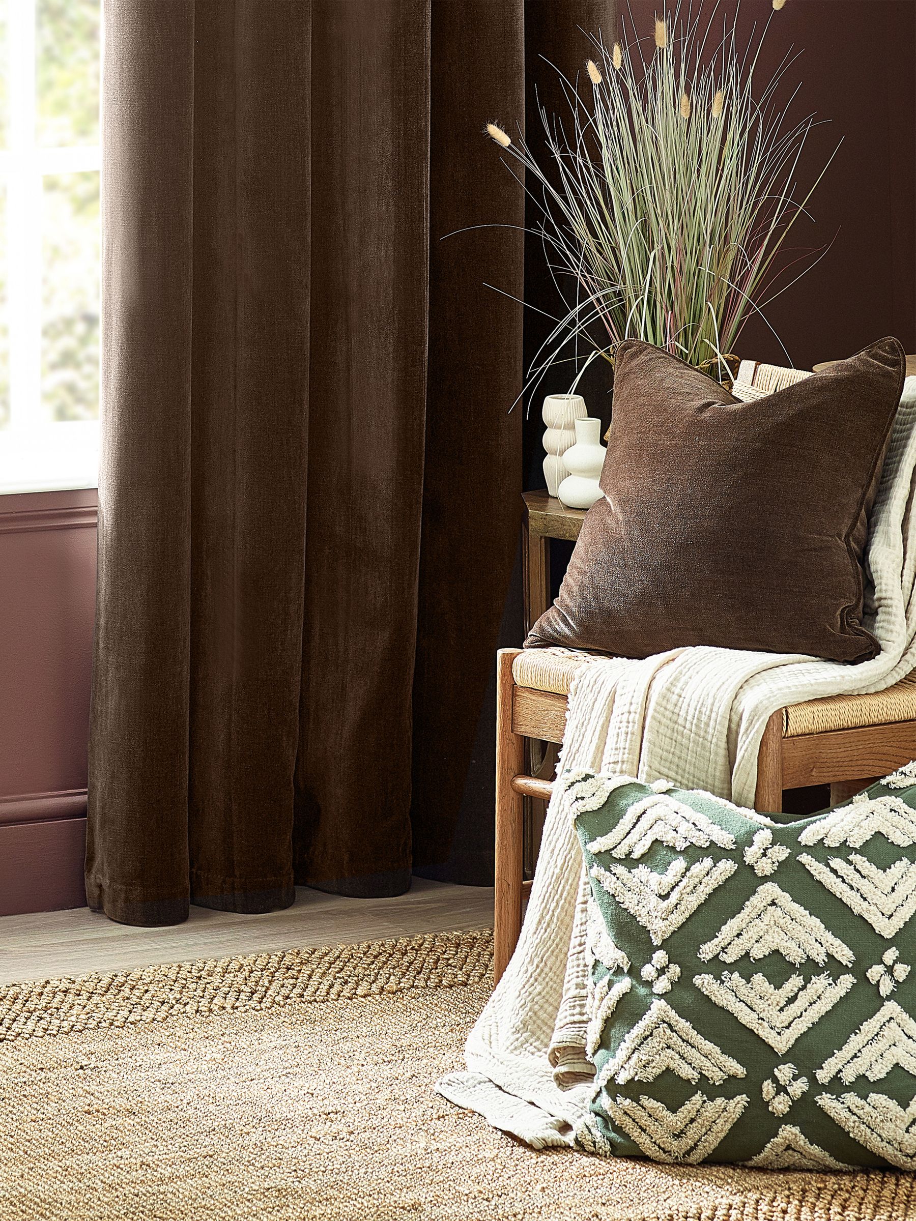 Yard Chocolate Brown 50 x 50cm Heavy Chenille Velvet Piped Cushion - Image 1 of 4