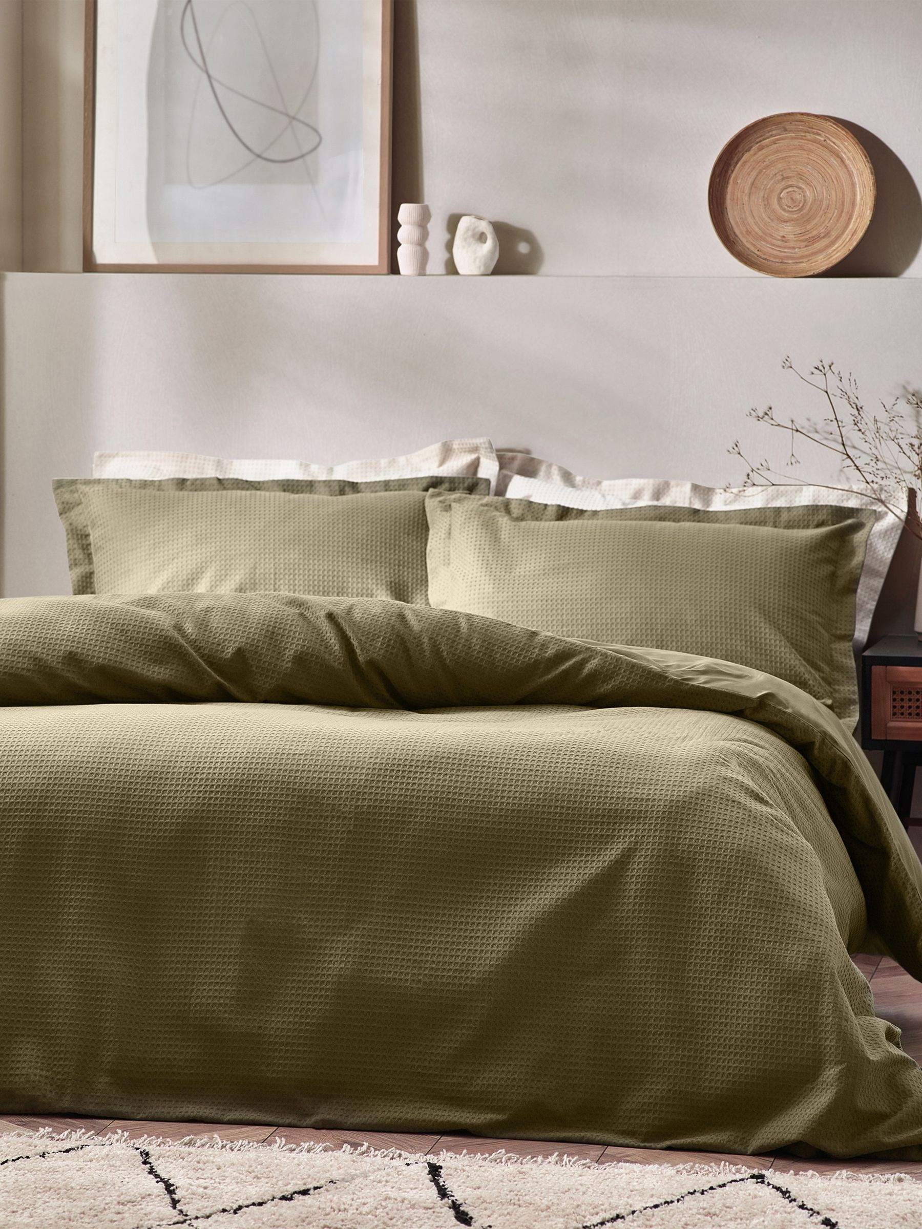 Yard Olive Green Waffle Textured 100% Cotton Duvet Cover Set - Image 2 of 3