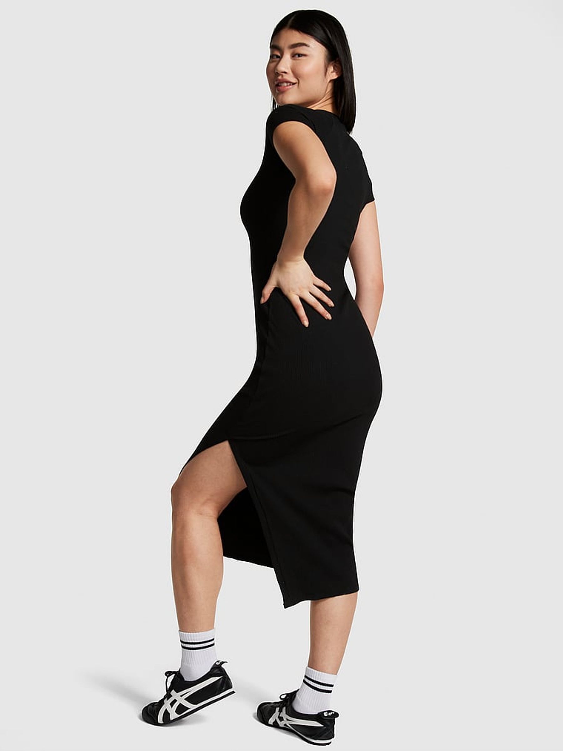 Pure Black Short Sleeve Midi Dress - Image 2 of 3