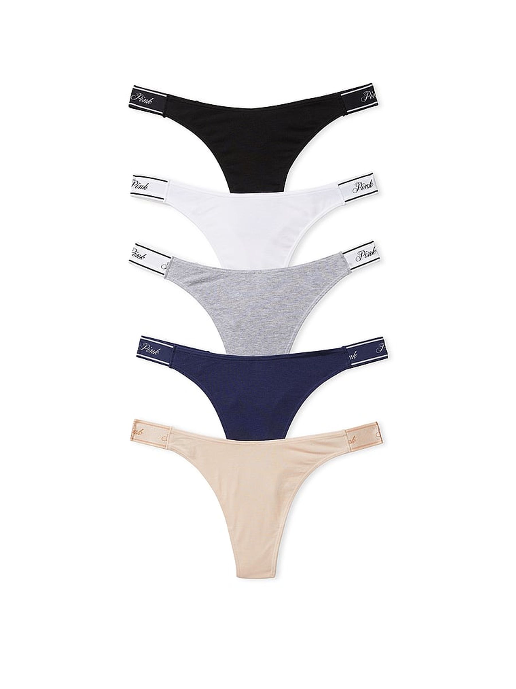 Black/White/Nude/Grey/Navy Blue Thong Logo 5 Pack Knickers - Image 1 of 3