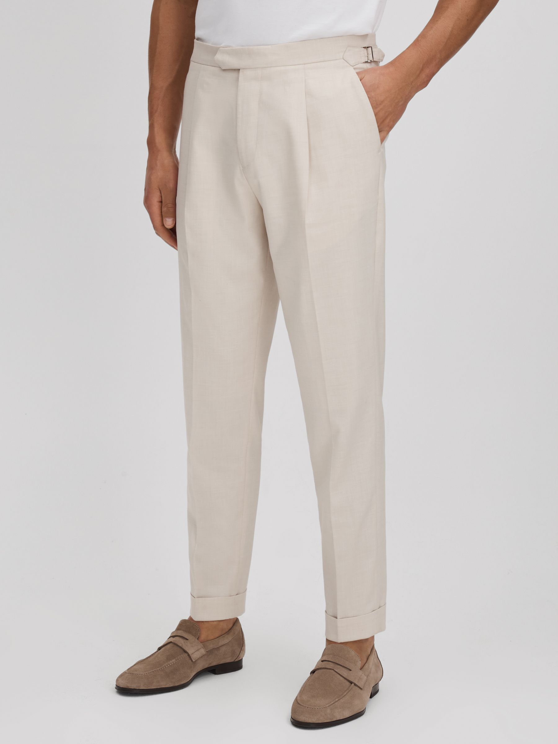 Slim Fit Adjuster Tapered Trousers with Turn-Ups in Ecru - Image 1 of 6