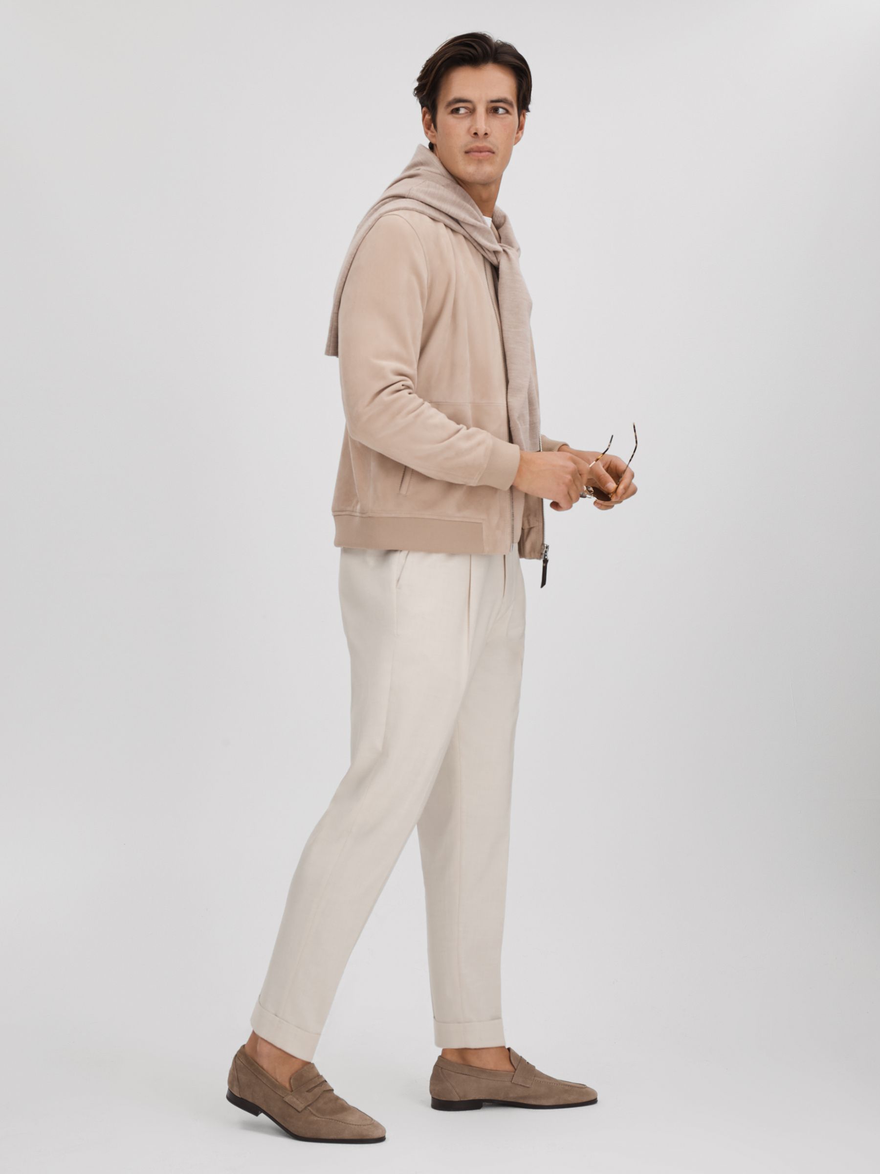 Slim Fit Adjuster Tapered Trousers with Turn-Ups in Ecru - Image 3 of 6