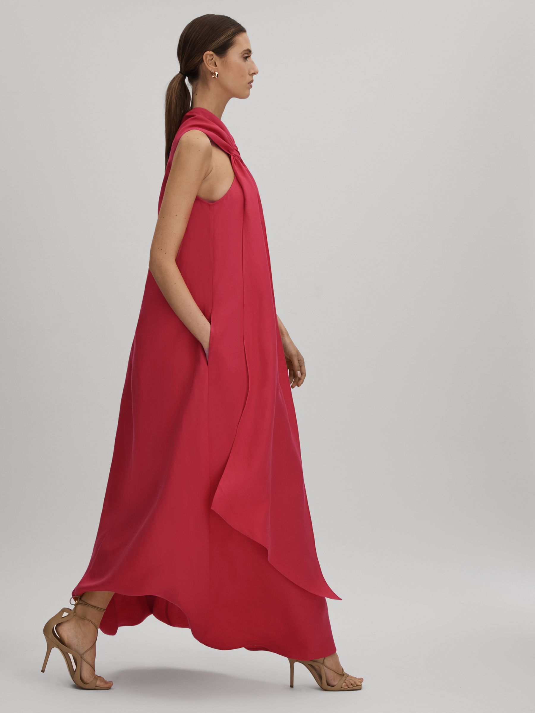 Linen Blend Drape Maxi Dress in Coral - Image 3 of 8