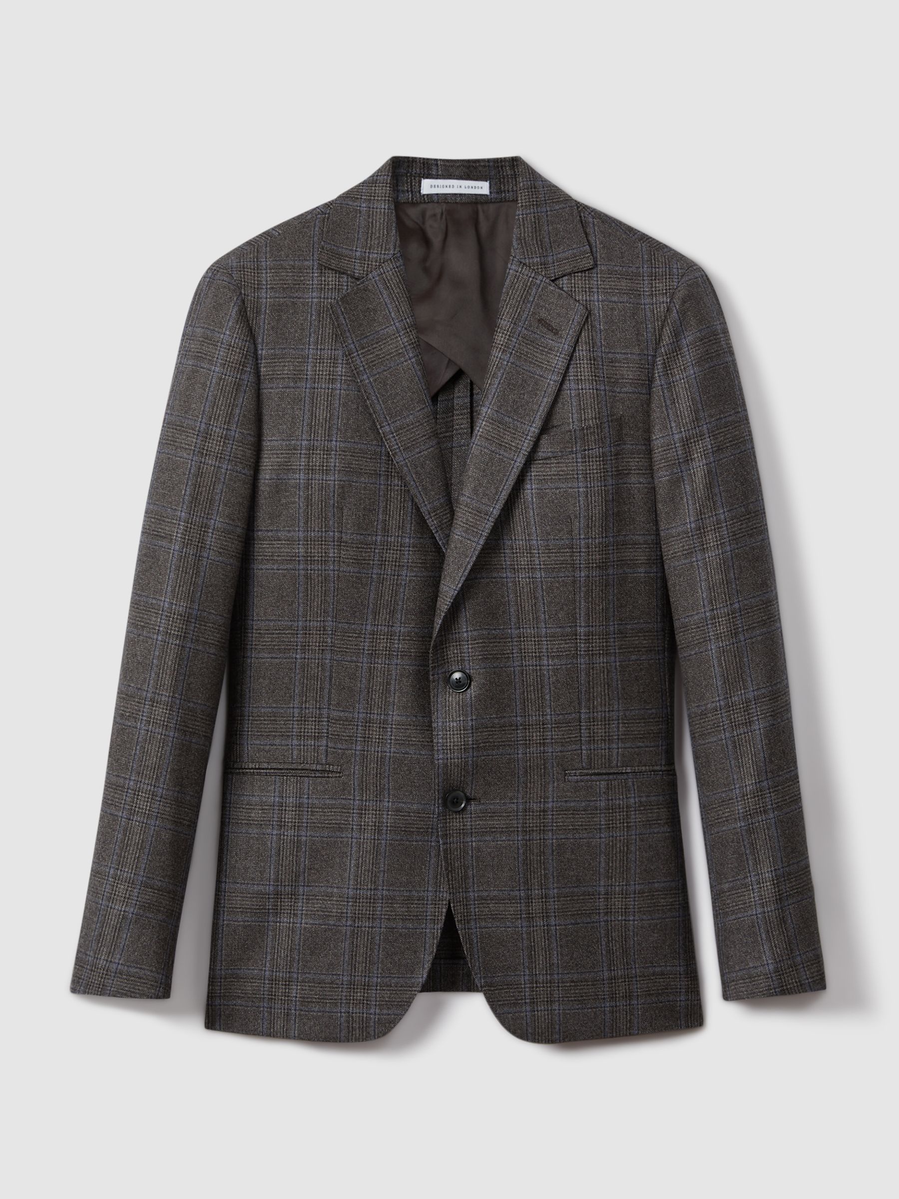 Slim Fit Wool Single Breasted Check Blazer in Brown Multi - Image 2 of 7