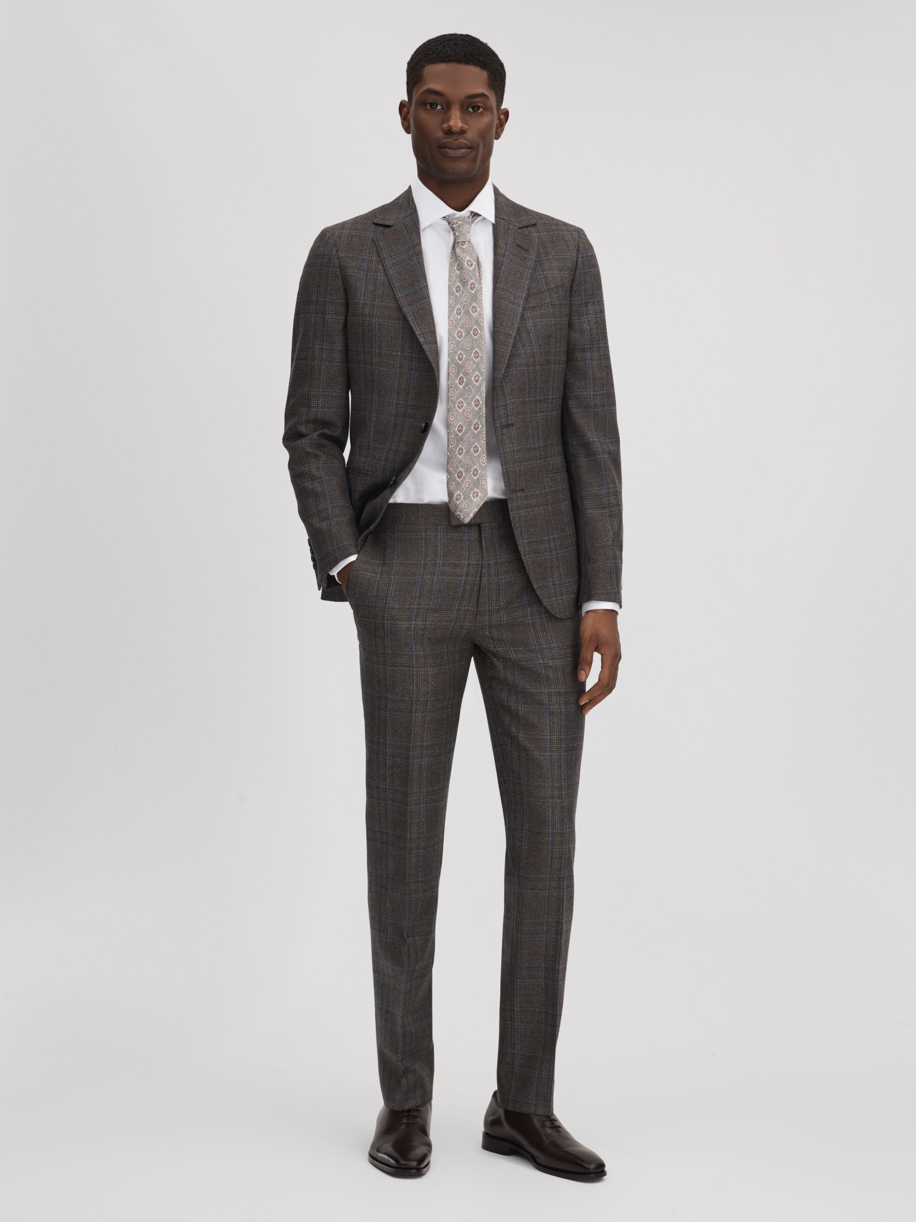 Slim Fit Wool Single Breasted Check Blazer in Brown Multi - Image 3 of 7
