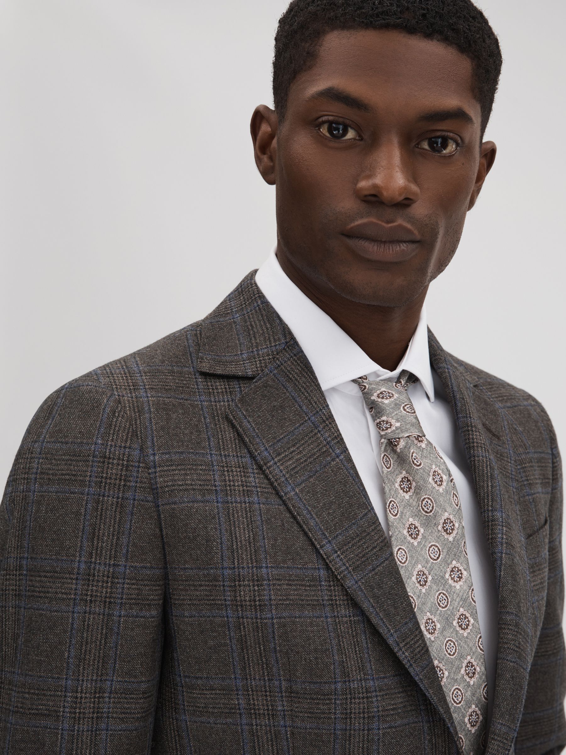 Slim Fit Wool Single Breasted Check Blazer in Brown Multi - Image 4 of 7
