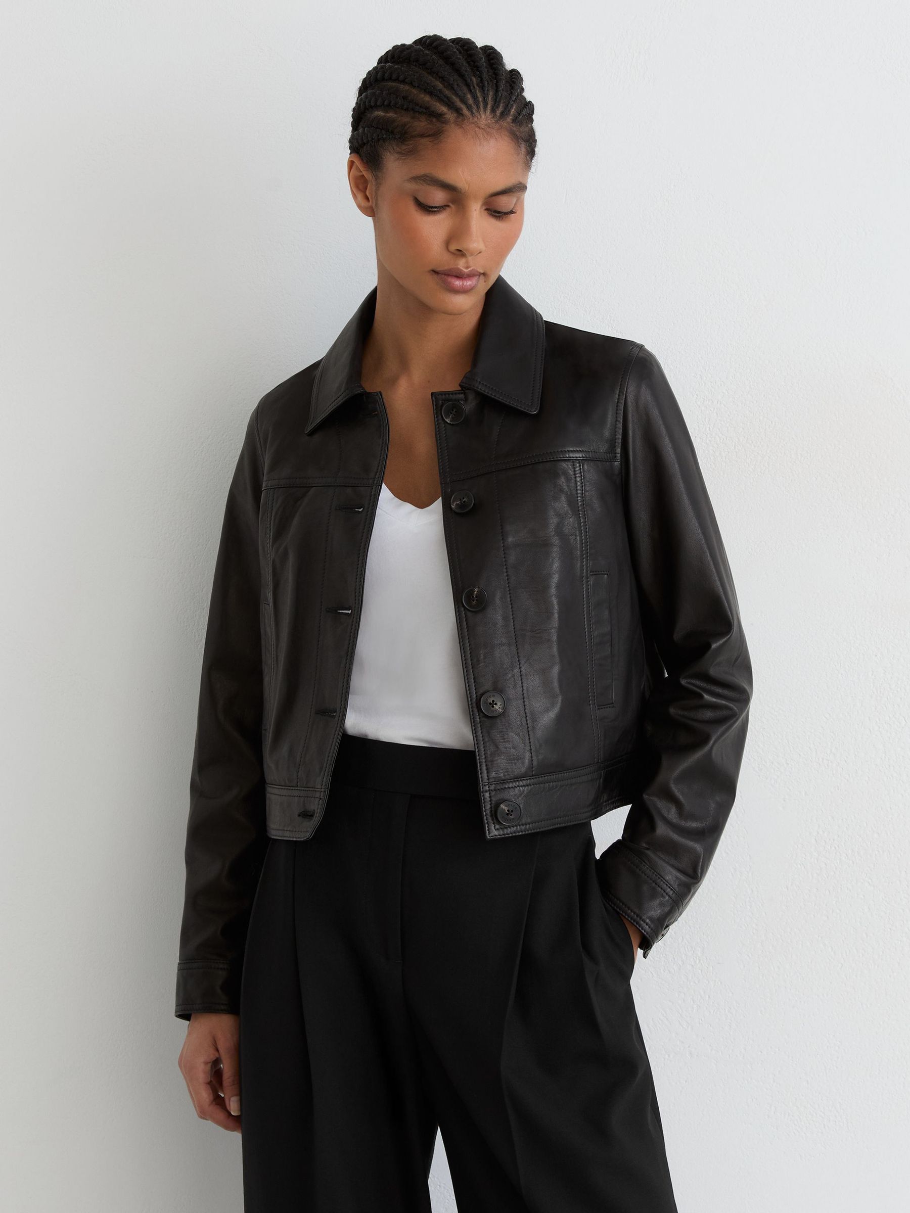 Leather Trucker Jacket in Black - Image 1 of 6