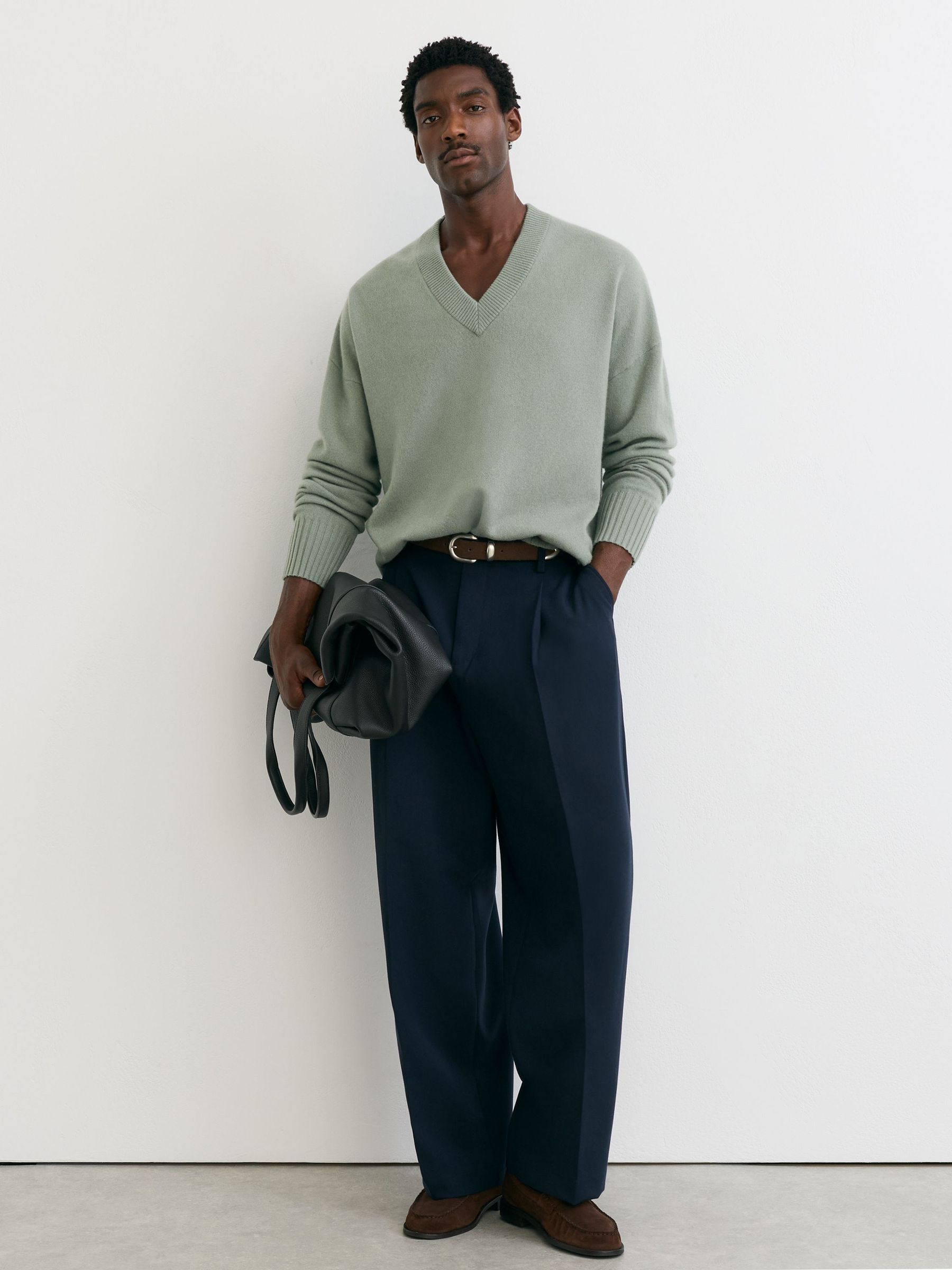 Wool-Cashmere V-Neck Jumper in Pale Sage Green - Image 1 of 7 Wool-Cashmere V-Neck Jumper in Pale Sage Green - Image 1 of 7