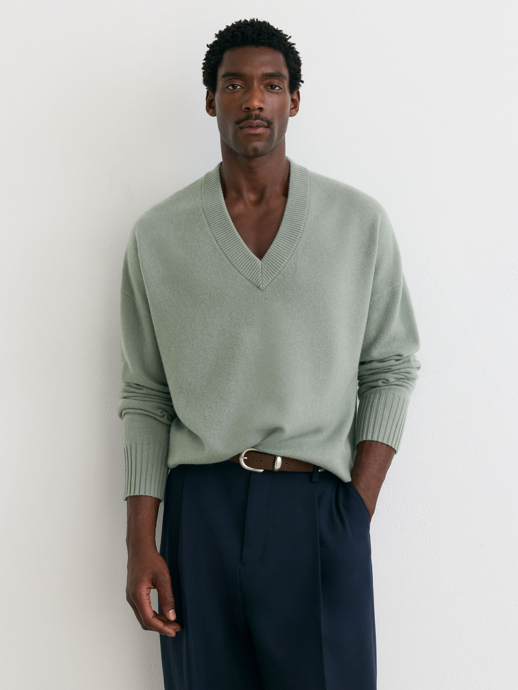 Wool-Cashmere V-Neck Jumper in Pale Sage Green - Image 3 of 7
