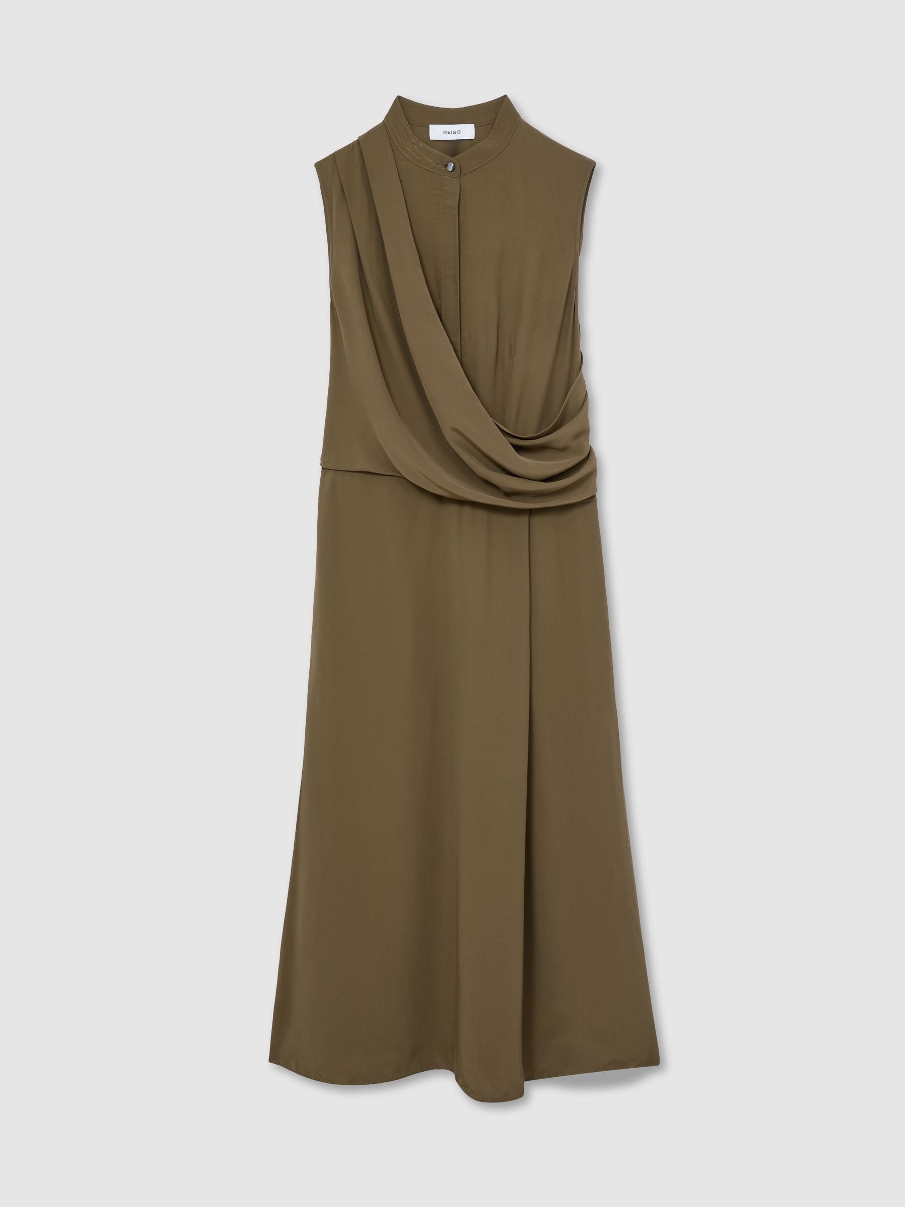 Drape-Detail Band-Collar Midi Dress in Khaki Green - Image 2 of 8
