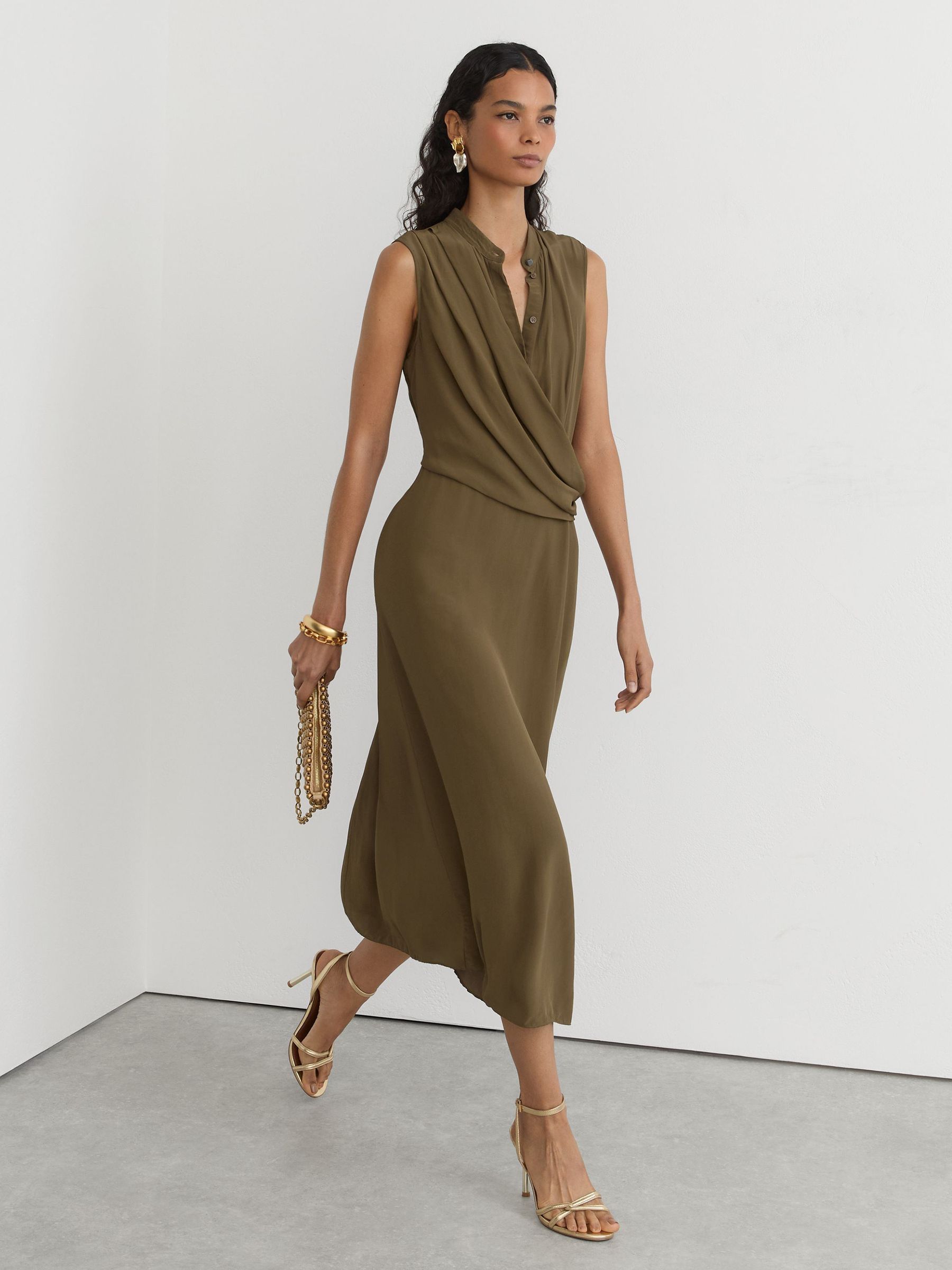 Drape-Detail Band-Collar Midi Dress in Khaki Green - Image 3 of 8