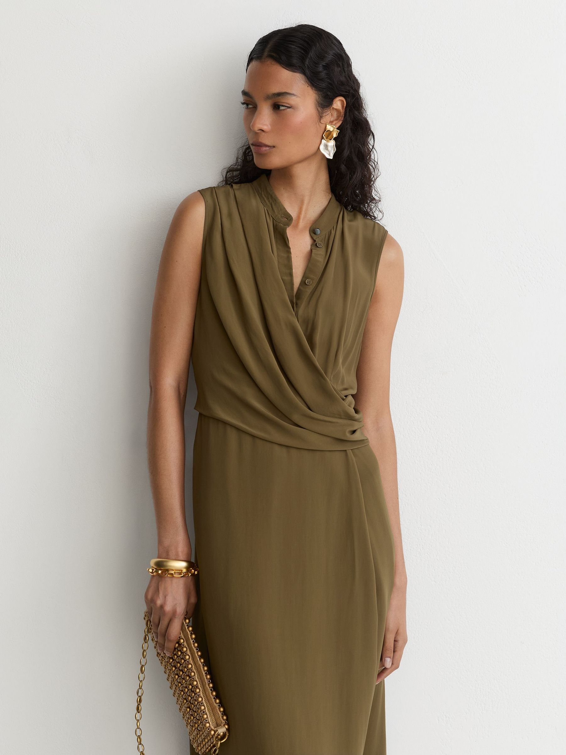 Drape-Detail Band-Collar Midi Dress in Khaki Green - Image 4 of 8