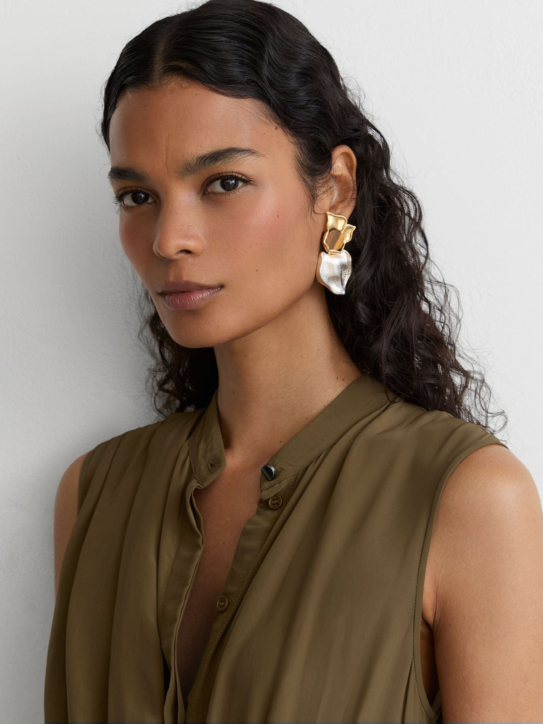 Drape-Detail Band-Collar Midi Dress in Khaki Green - Image 5 of 8