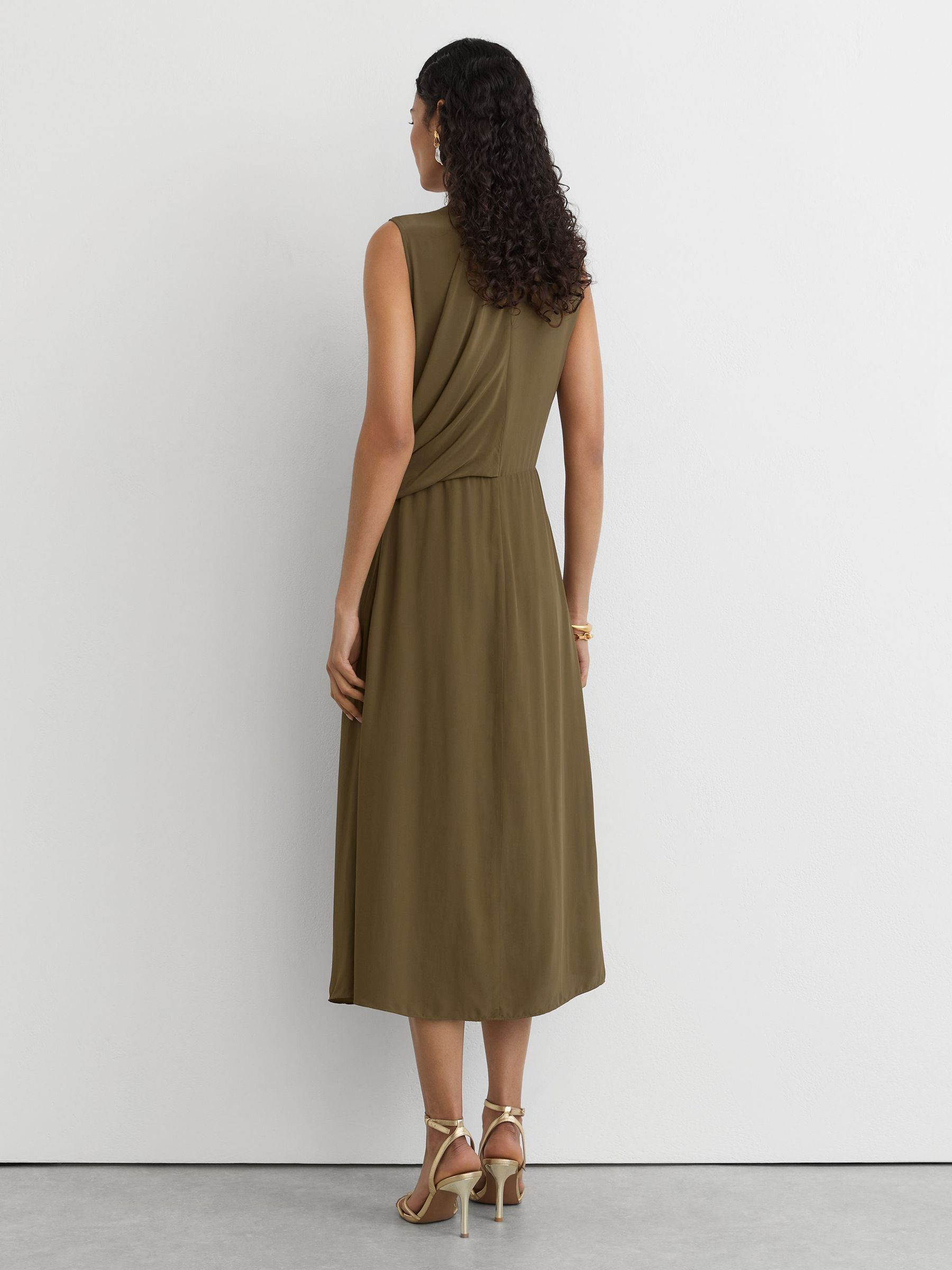 Drape-Detail Band-Collar Midi Dress in Khaki Green - Image 6 of 8