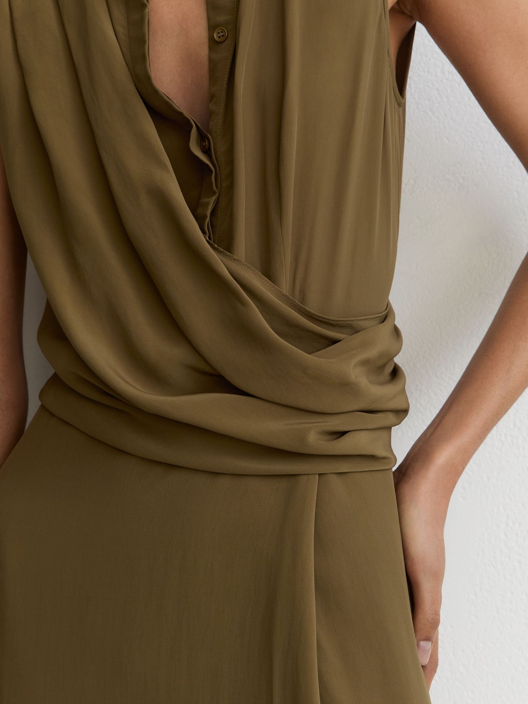 Drape-Detail Band-Collar Midi Dress in Khaki Green - Image 7 of 8