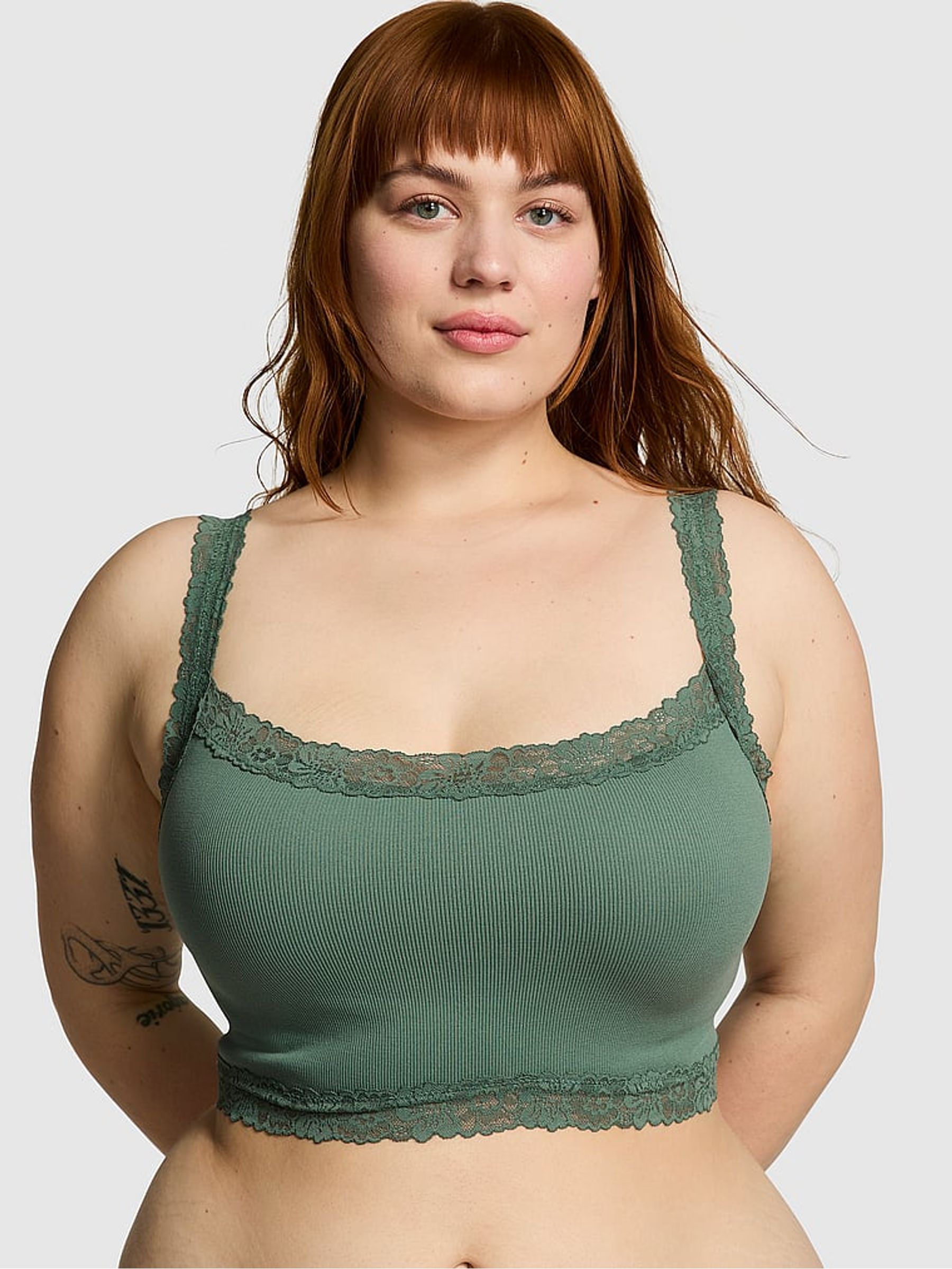 Fresh Forest Green Lace Trim Rib Seamless Bralette - Image 1 of 3
