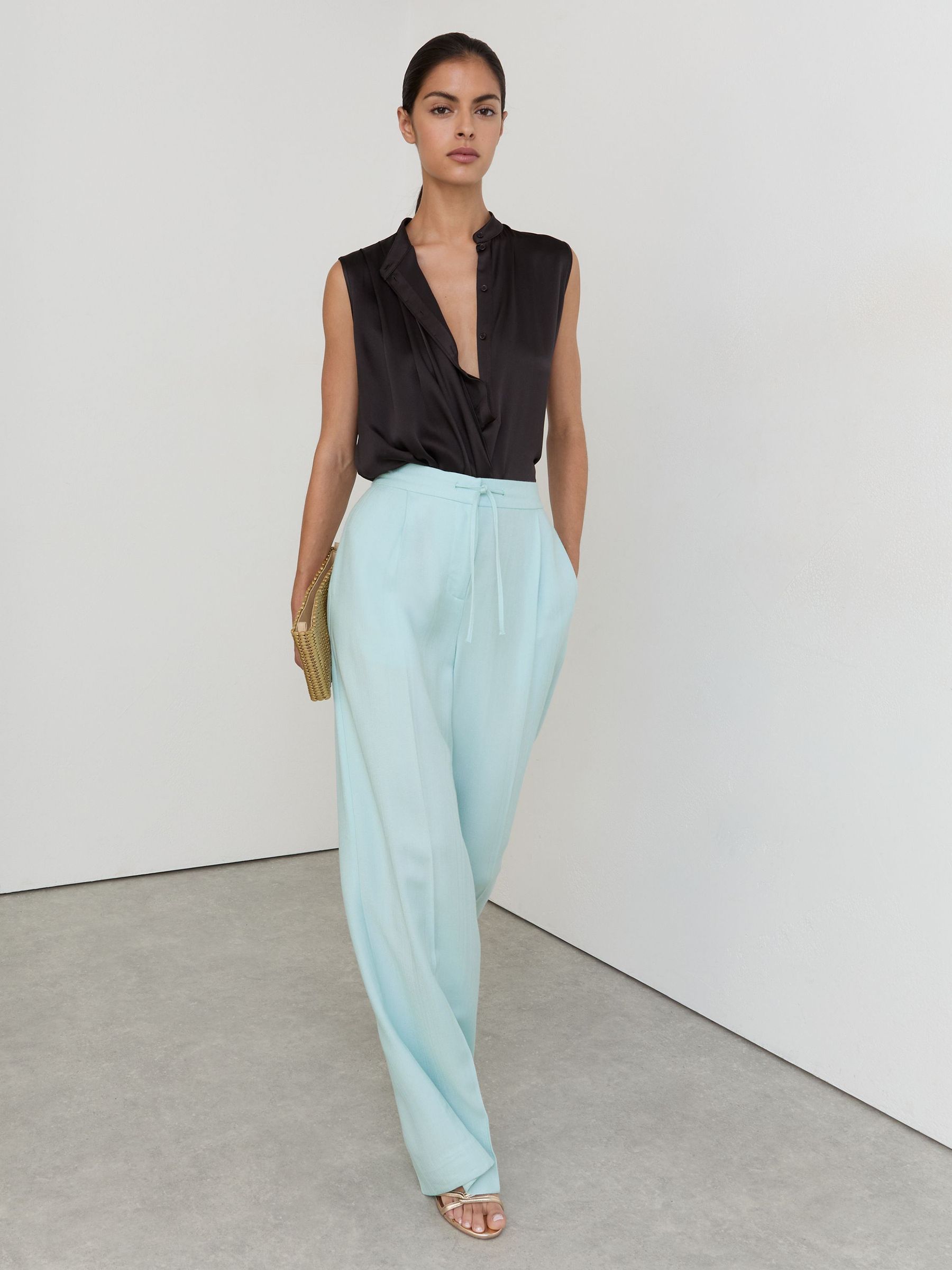 Petite Wide-Leg Drawstring Trousers in Aqua Blue - Image 1 of 7