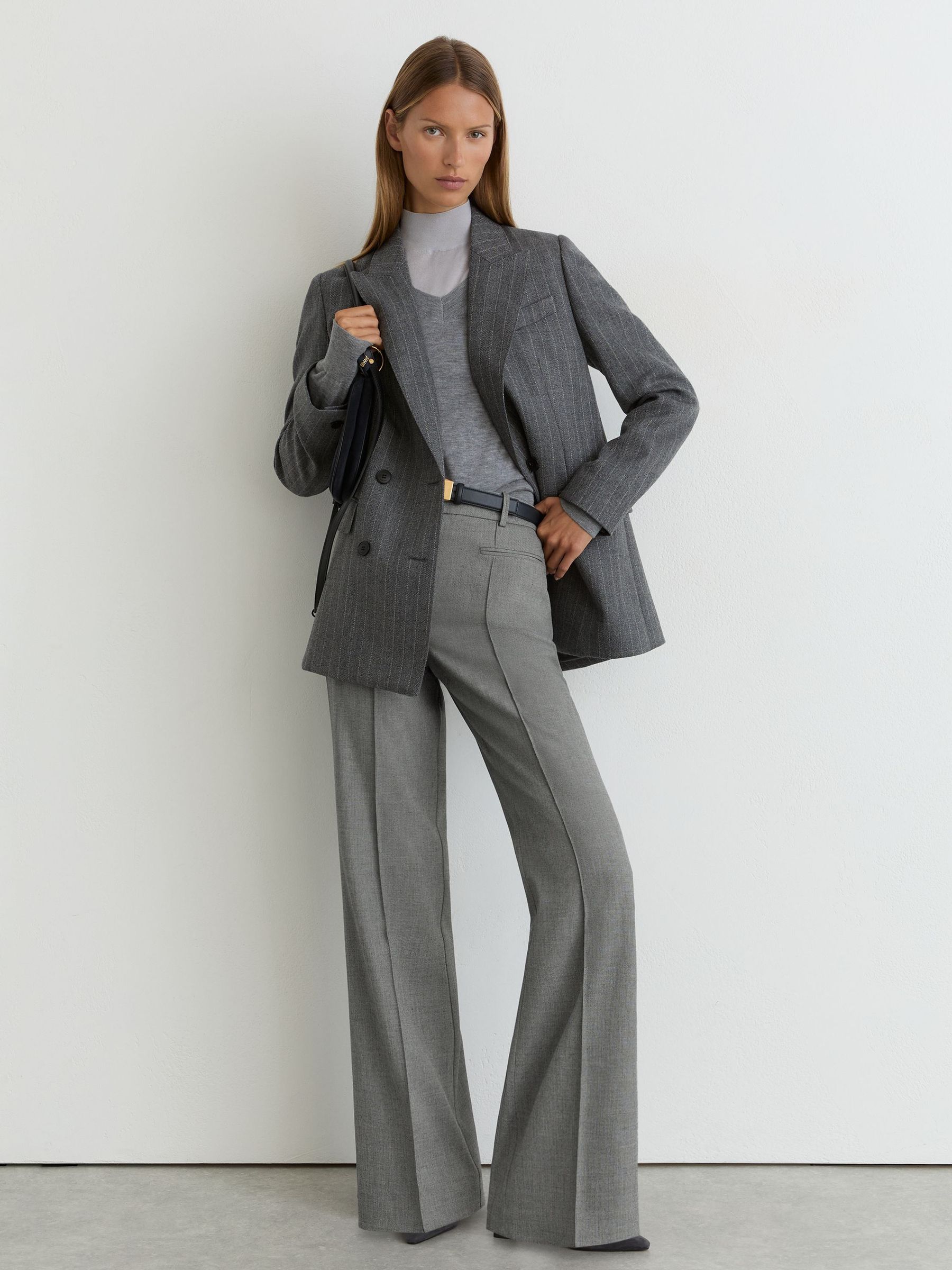 Petite Woven Pintuck-Detail Flared Trousers in Grey - Image 1 of 10