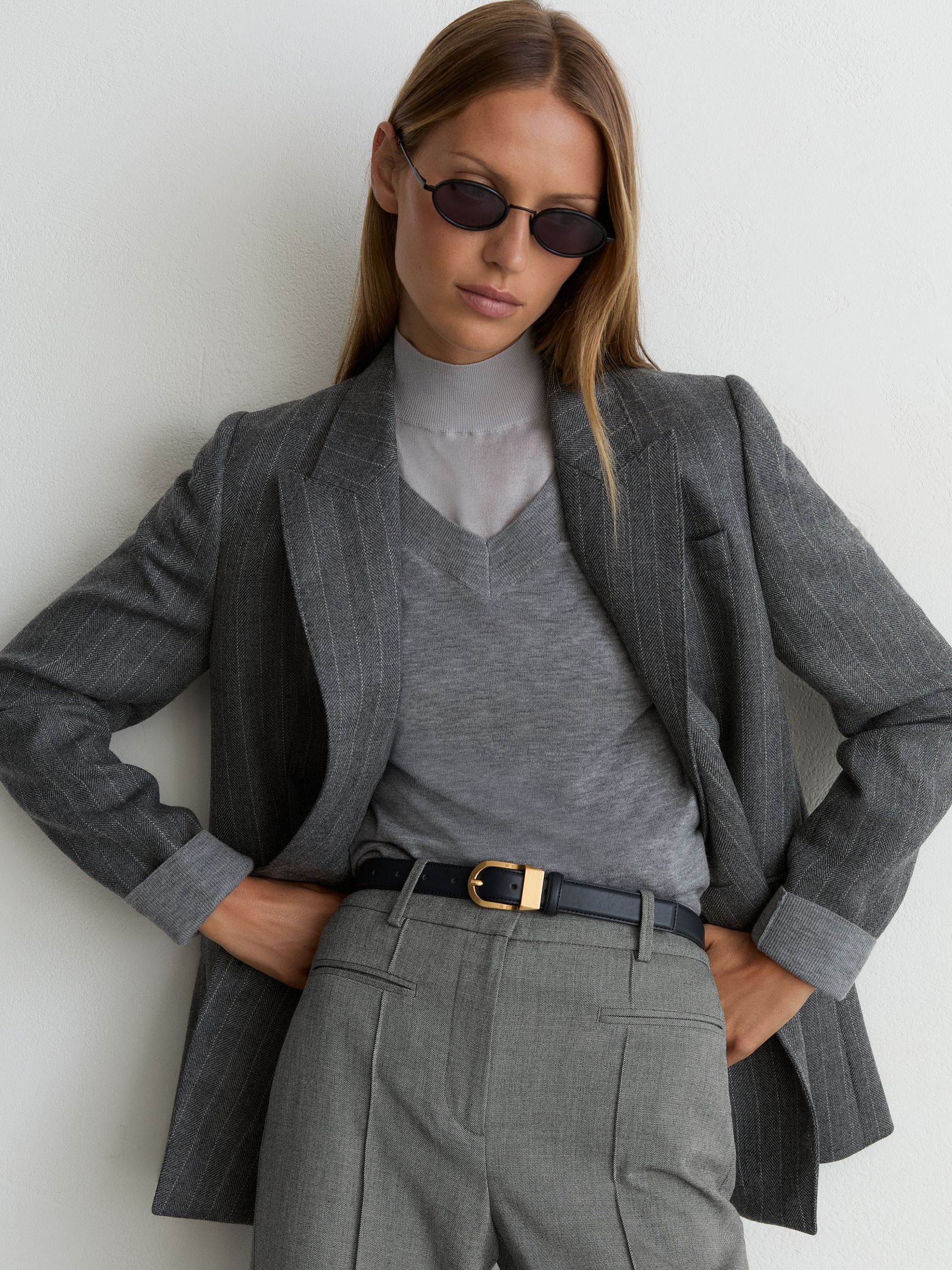 Petite Woven Pintuck-Detail Flared Trousers in Grey - Image 5 of 10