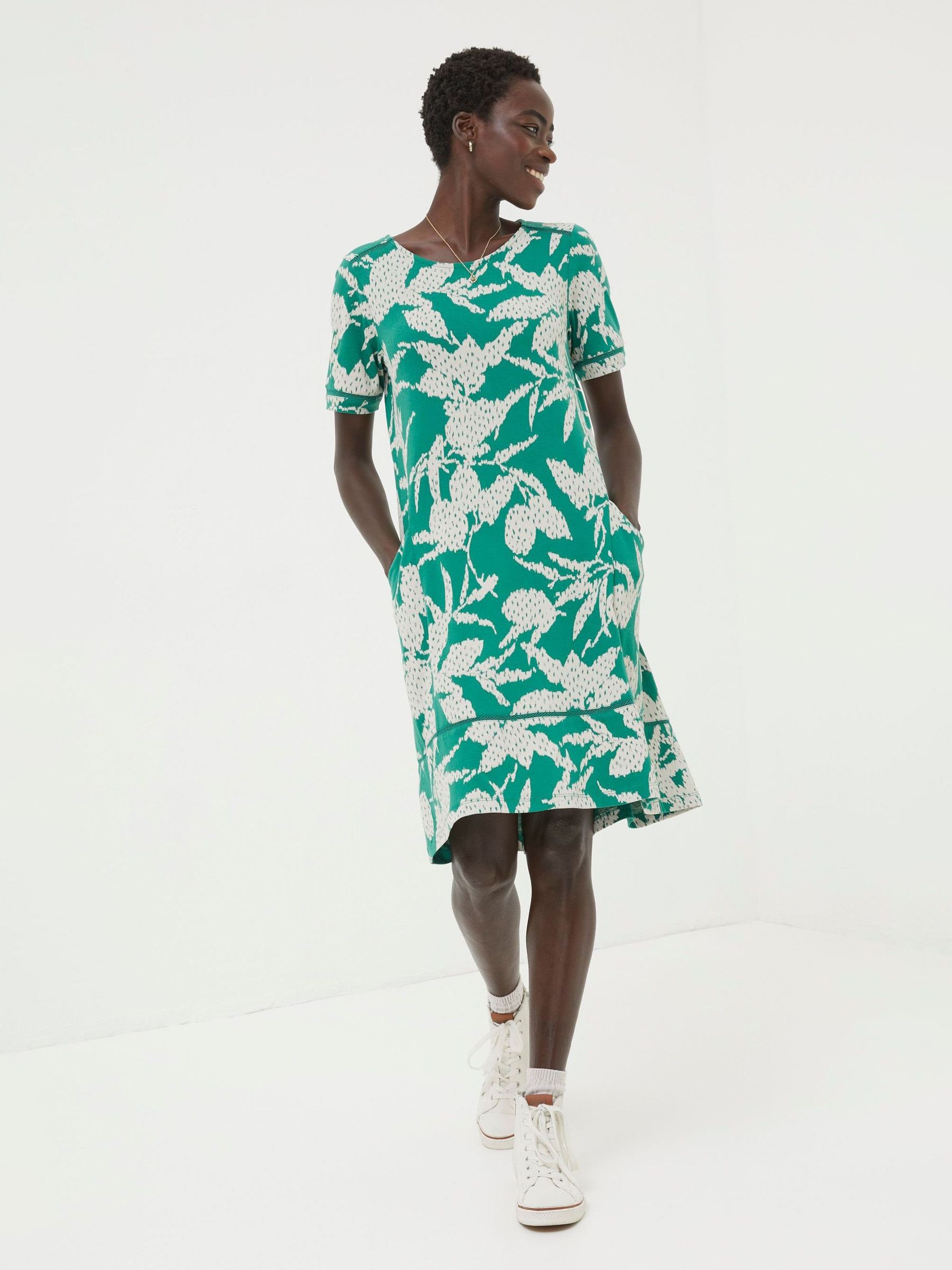Green Simone Textured Leaves Jersey Dress | FatFace