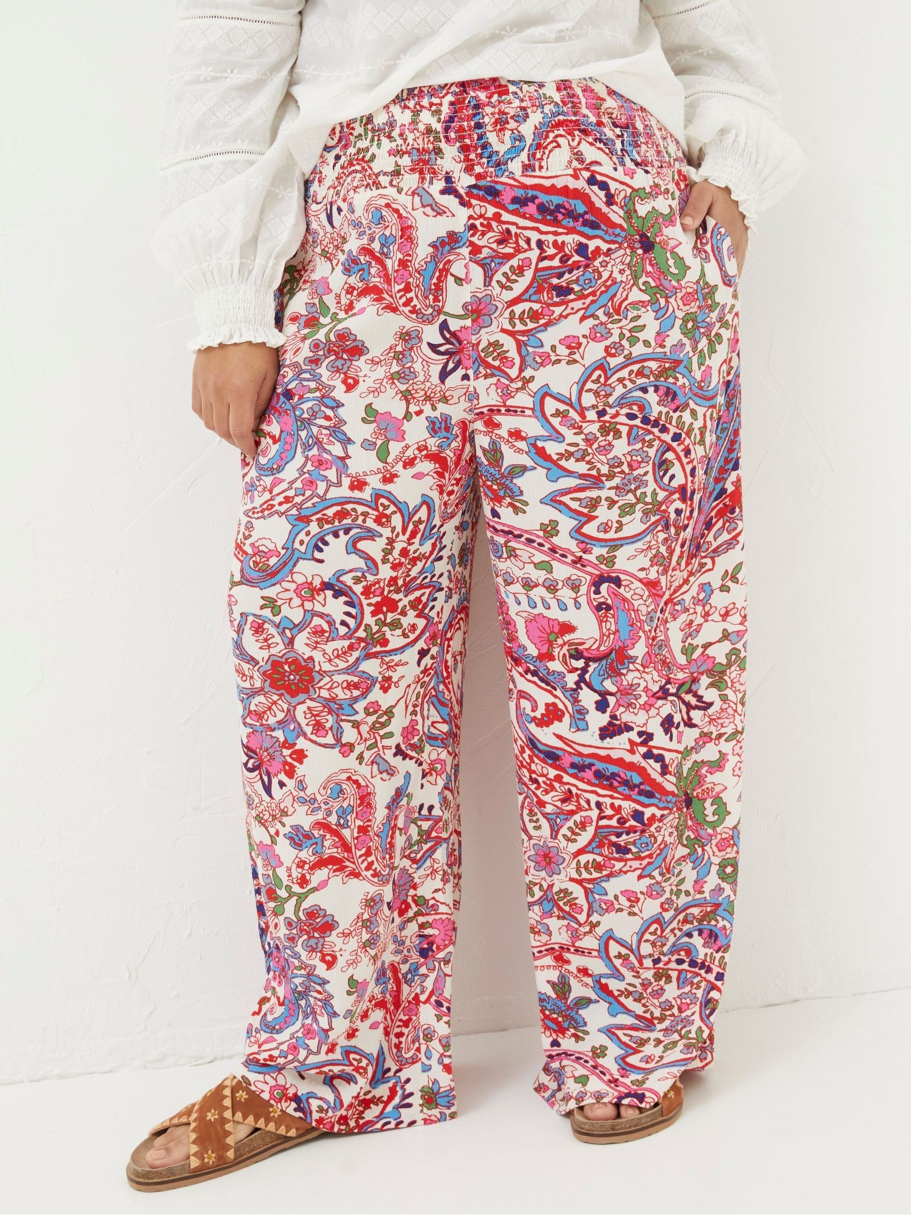 Natural Shirred Bright Paisley Palazzo Trousers - Image 1 of 5