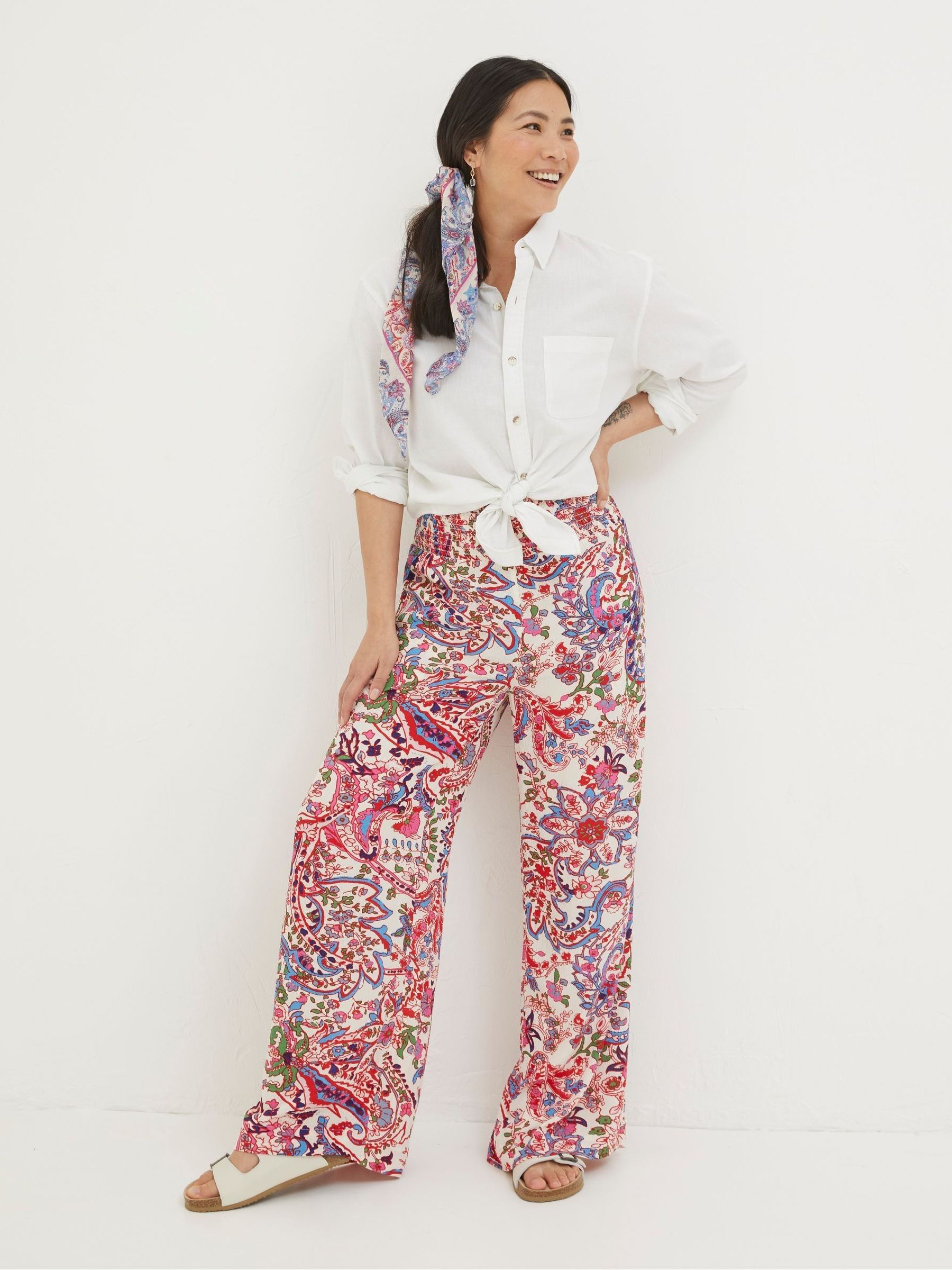 Natural Shirred Bright Paisley Palazzo Trousers - Image 2 of 5