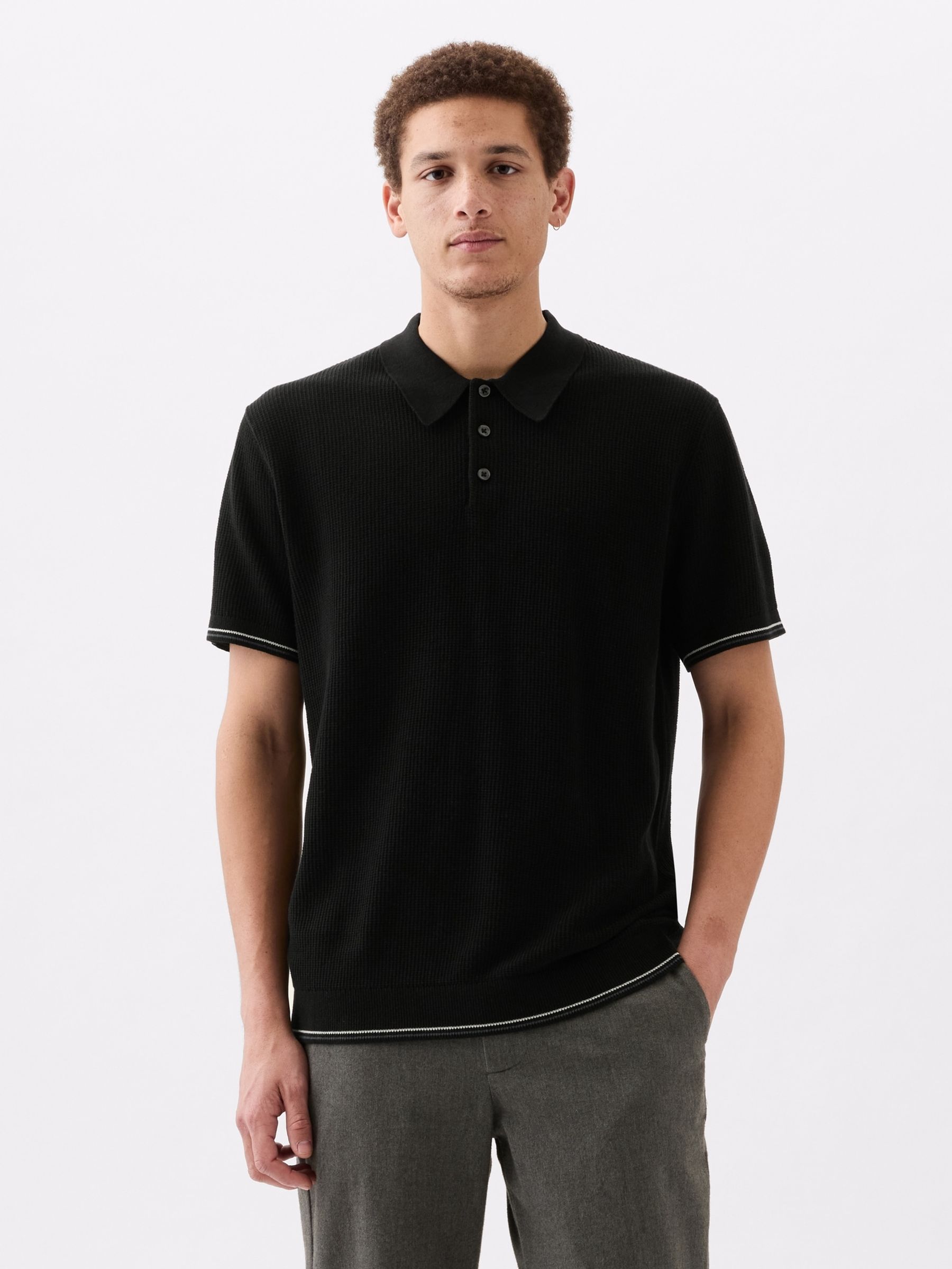 Black Textured Jumper Short Sleeve Polo Shirt - Image 1 of 1