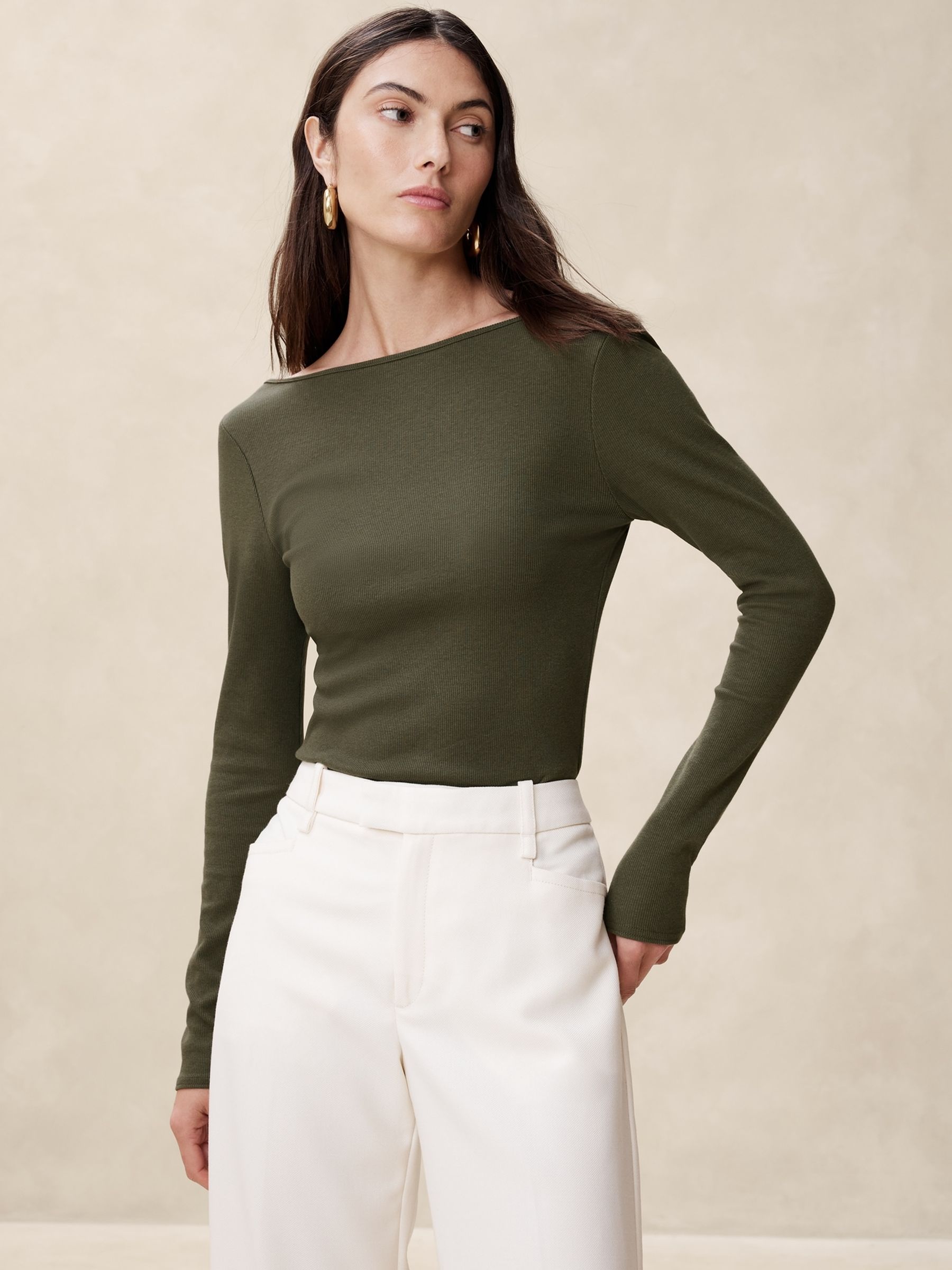 Banana Republic Green Ribbed Scoop-Back Long Sleeve Top - Image 1 of 3