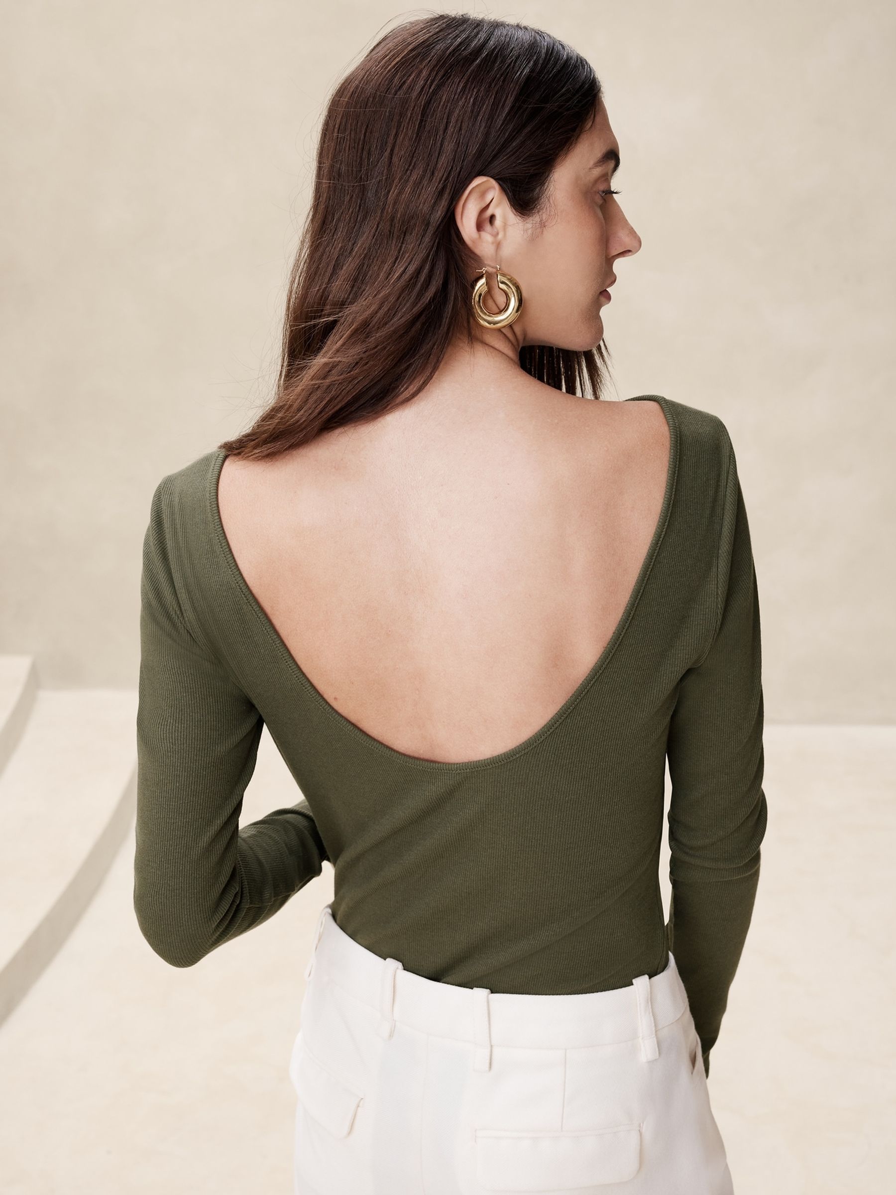 Banana Republic Green Ribbed Scoop-Back Long Sleeve Top - Image 2 of 3