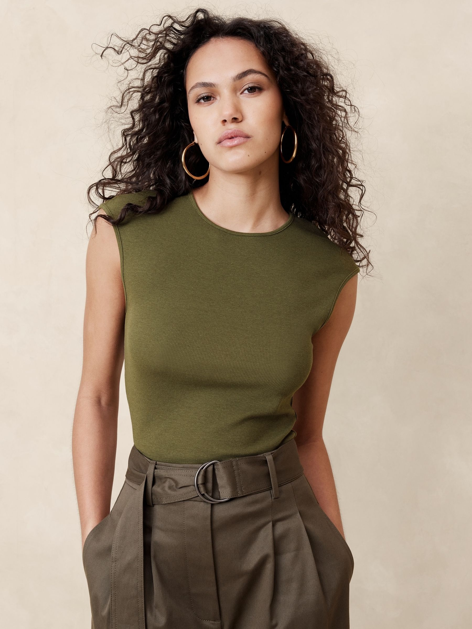 Banana Republic Green Ribbed Cap-Sleeve T-Shirt - Image 1 of 1
