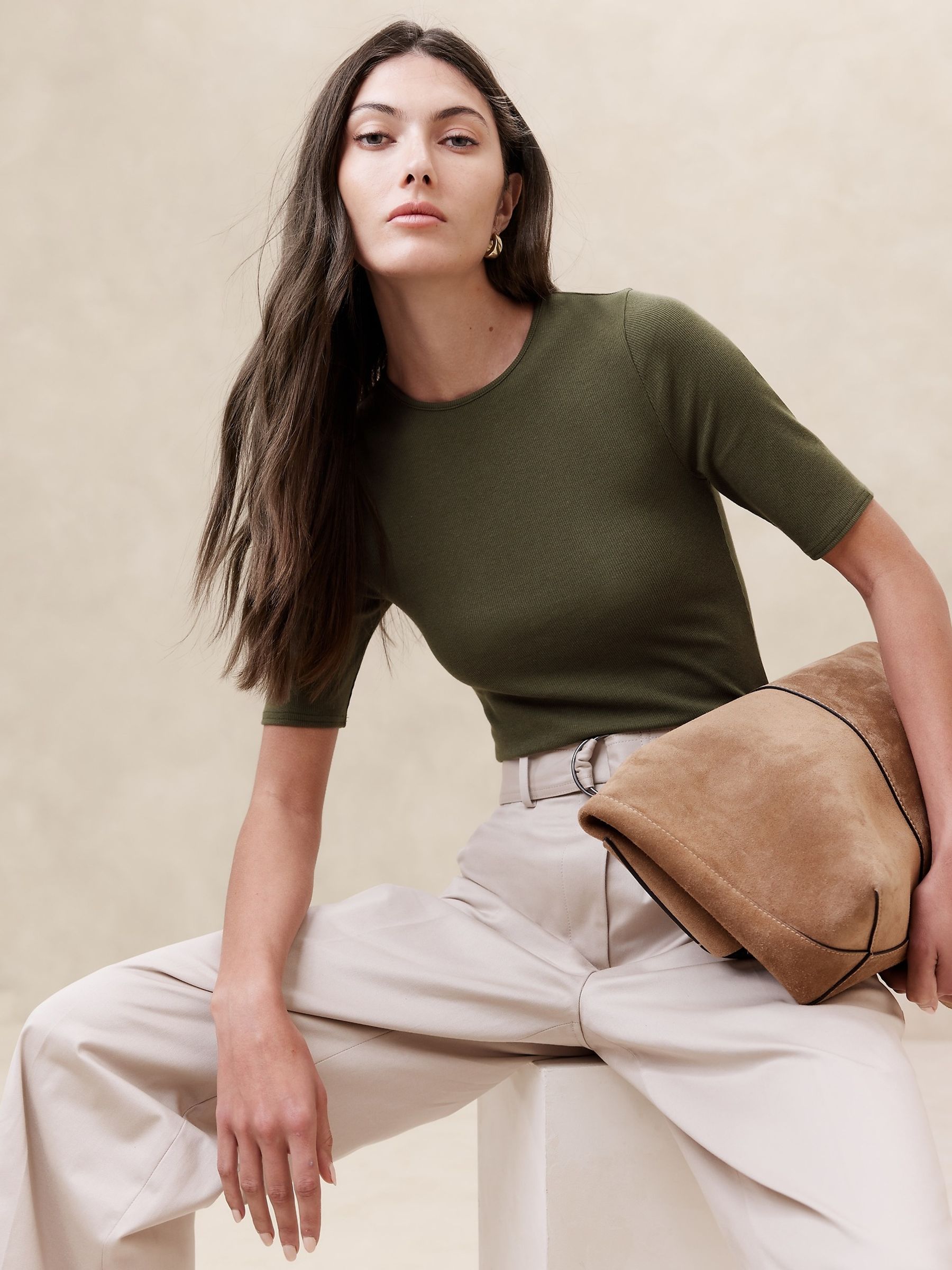 Banana Republic Green Ribbed Half-Sleeve T-Shirt - Image 1 of 1