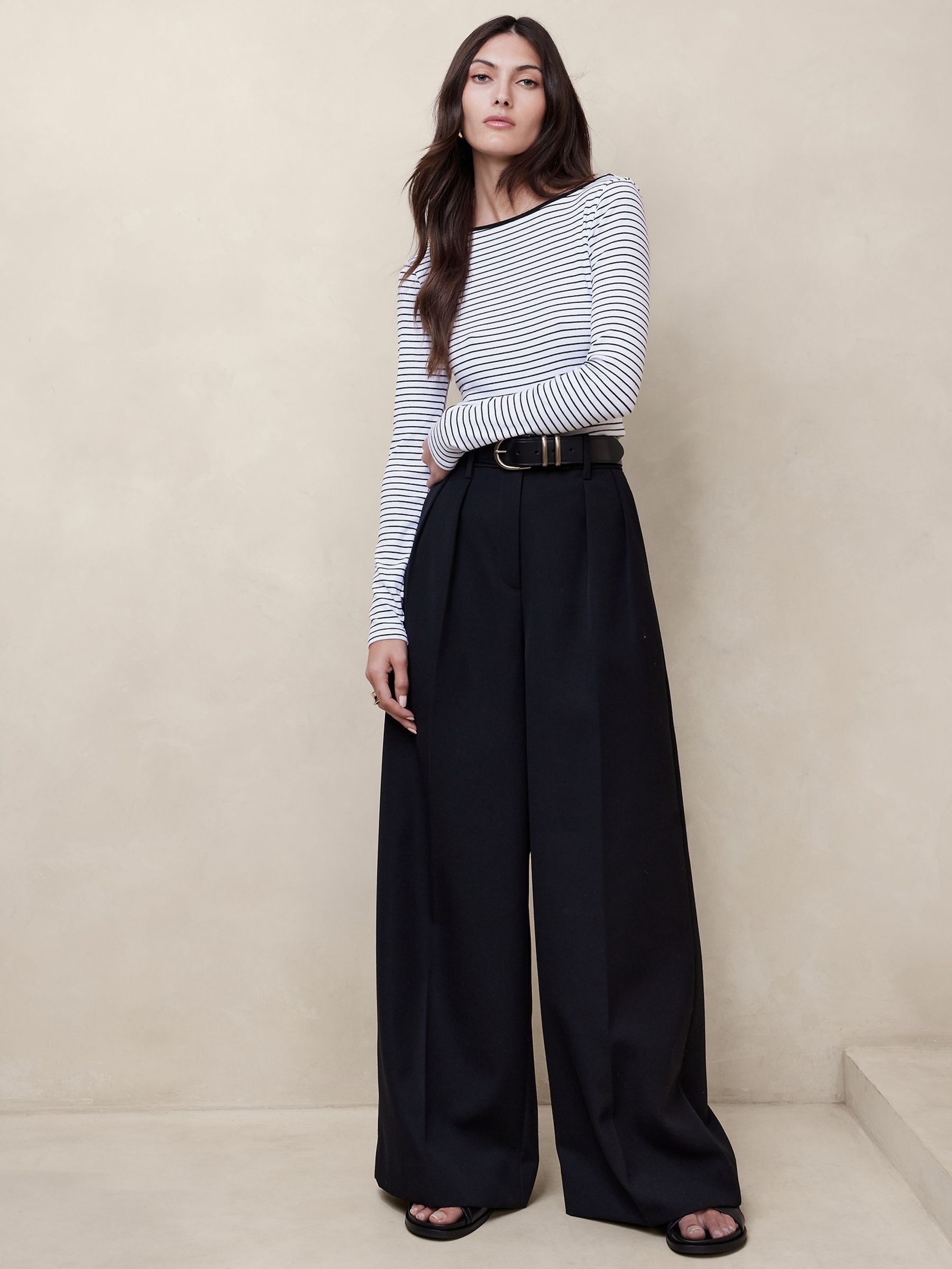 Banana Republic Black/White Ribbed Scoop-Back Long Sleeve Top - Image 1 of 1