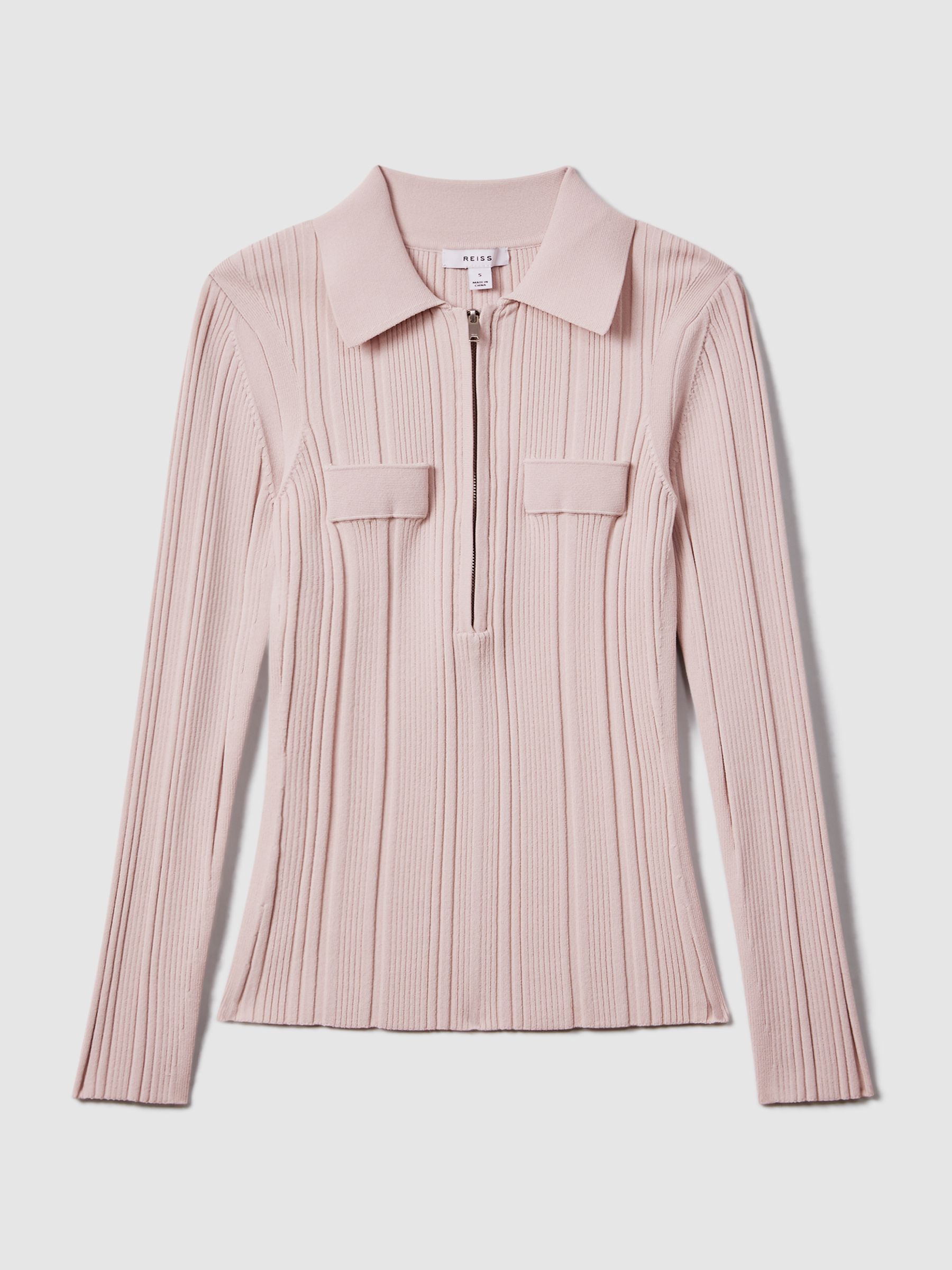 Ribbed Half-Zip Fitted Top in Nude - Image 2 of 5