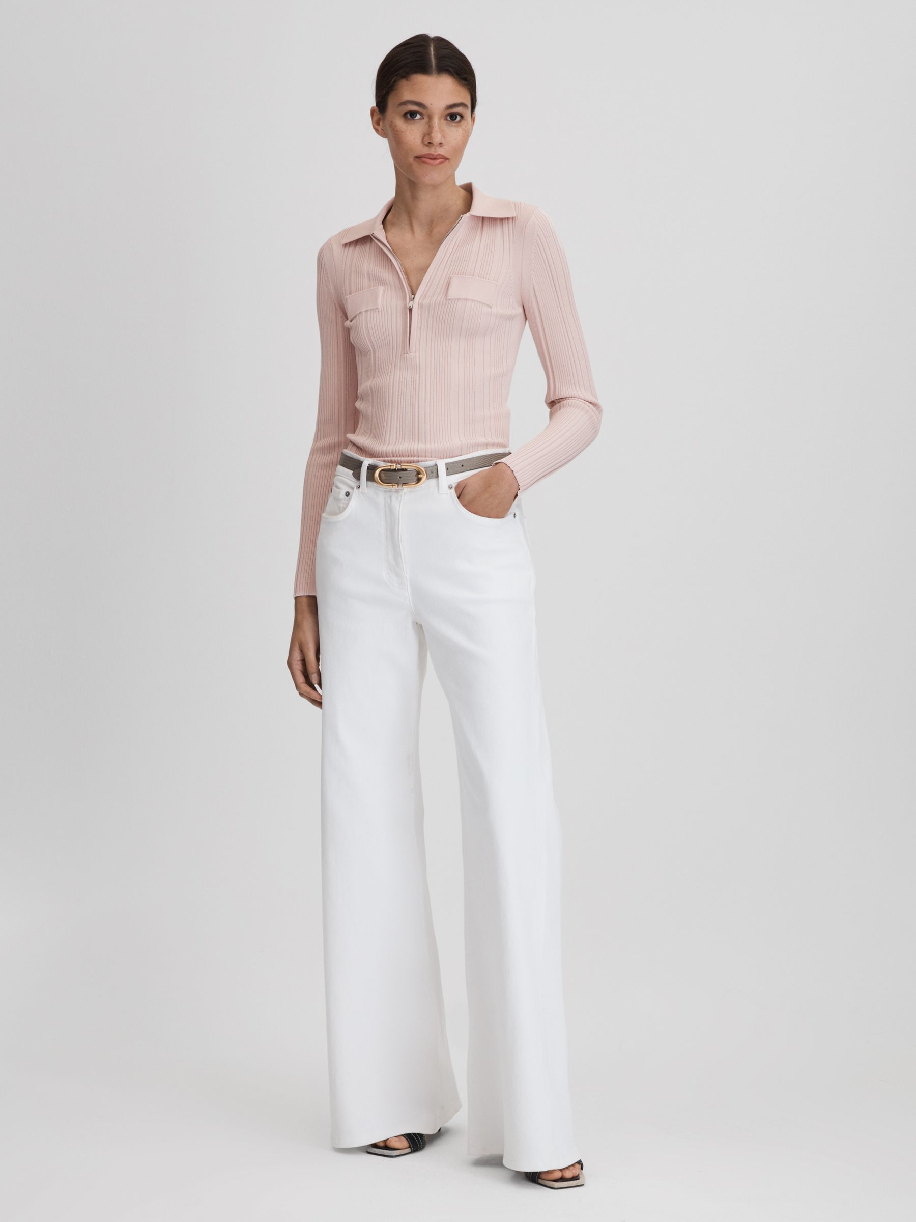 Ribbed Half-Zip Fitted Top in Nude - Image 3 of 5
